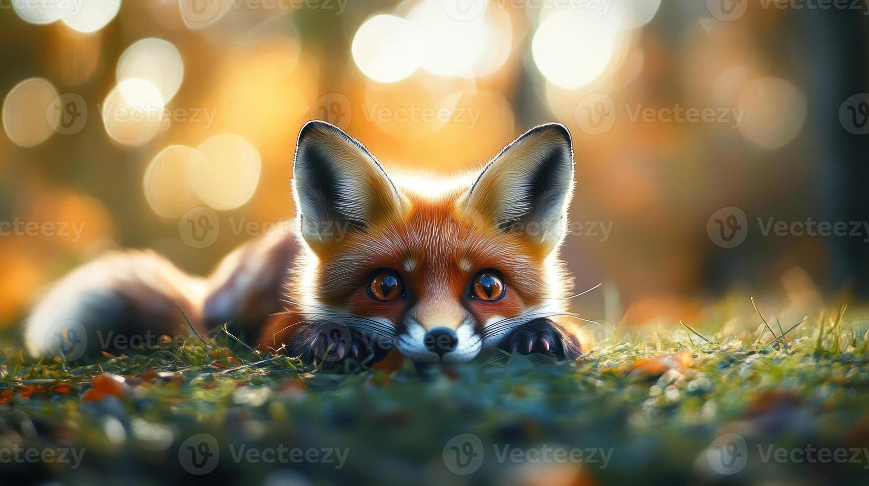 A fox laying on the grass in the woods photo
