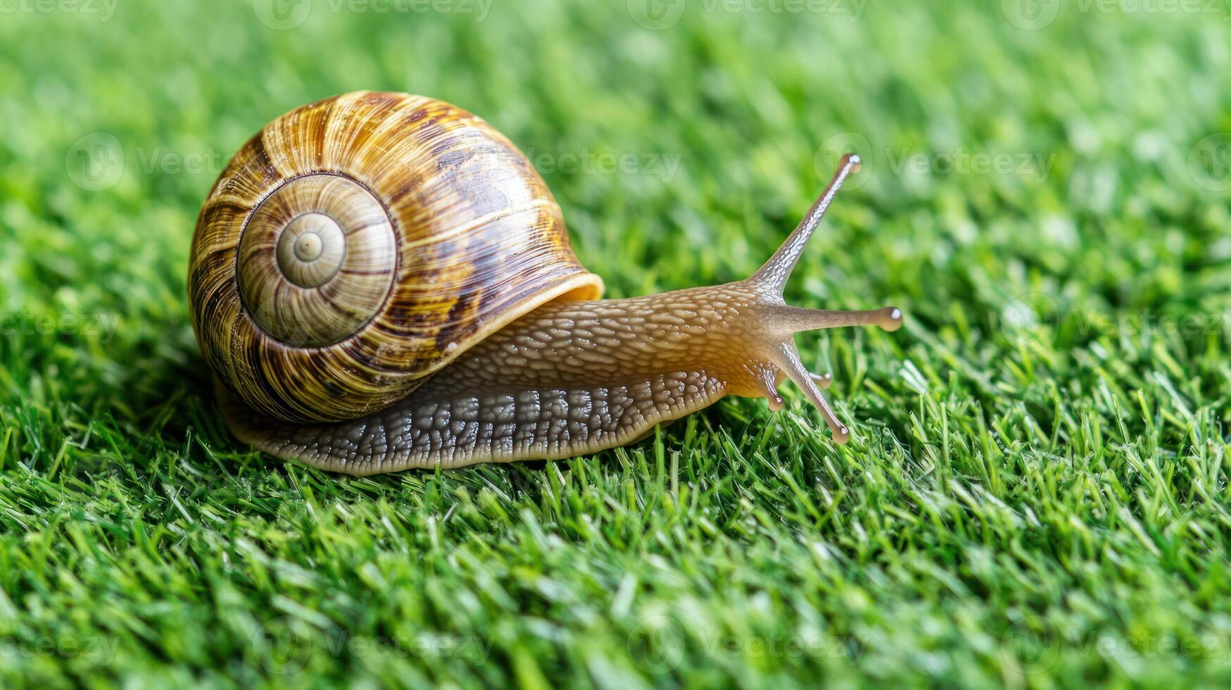 A snail is crawling on the grass photo