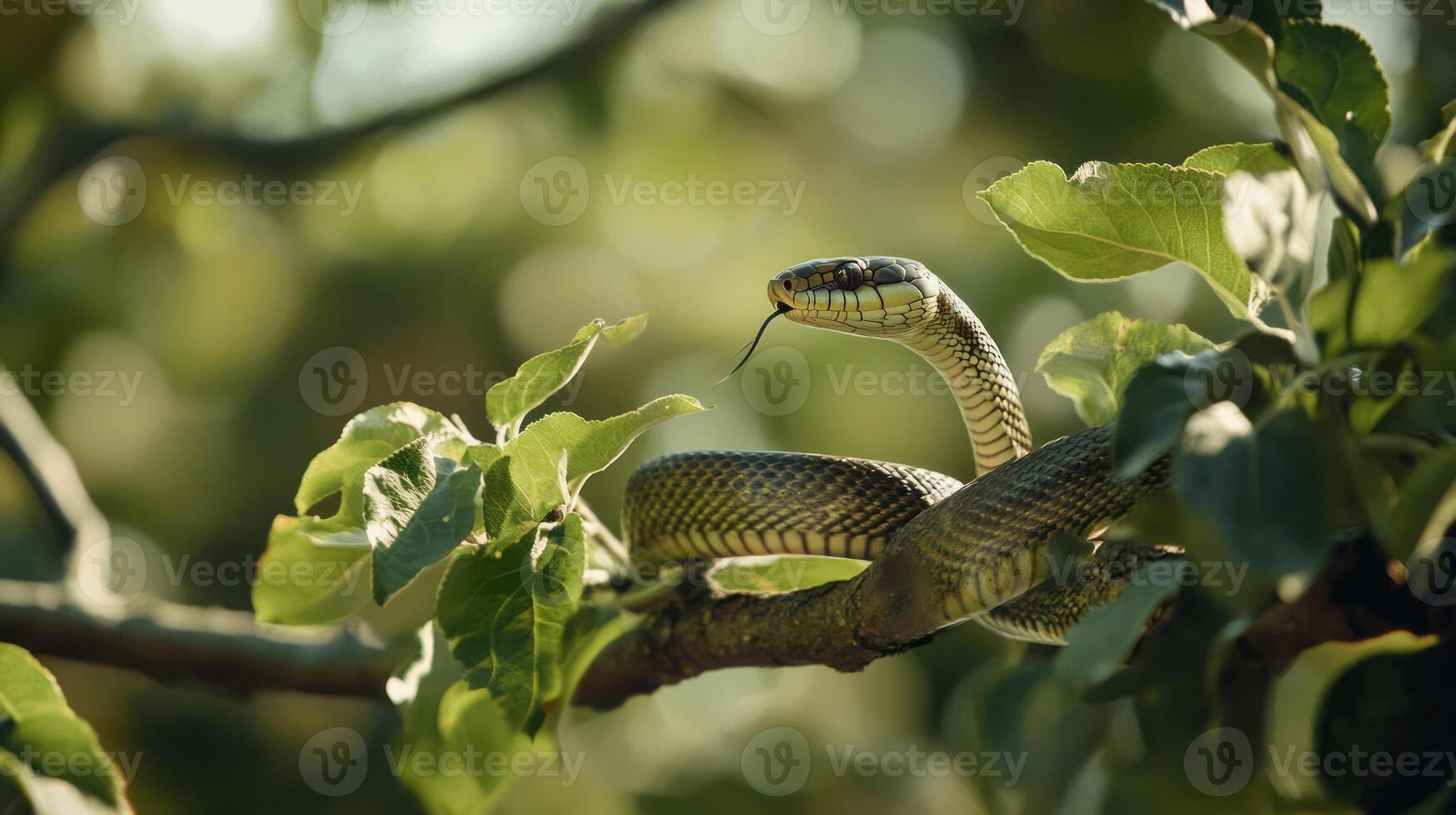 A snake is sitting on a branch in the sun photo
