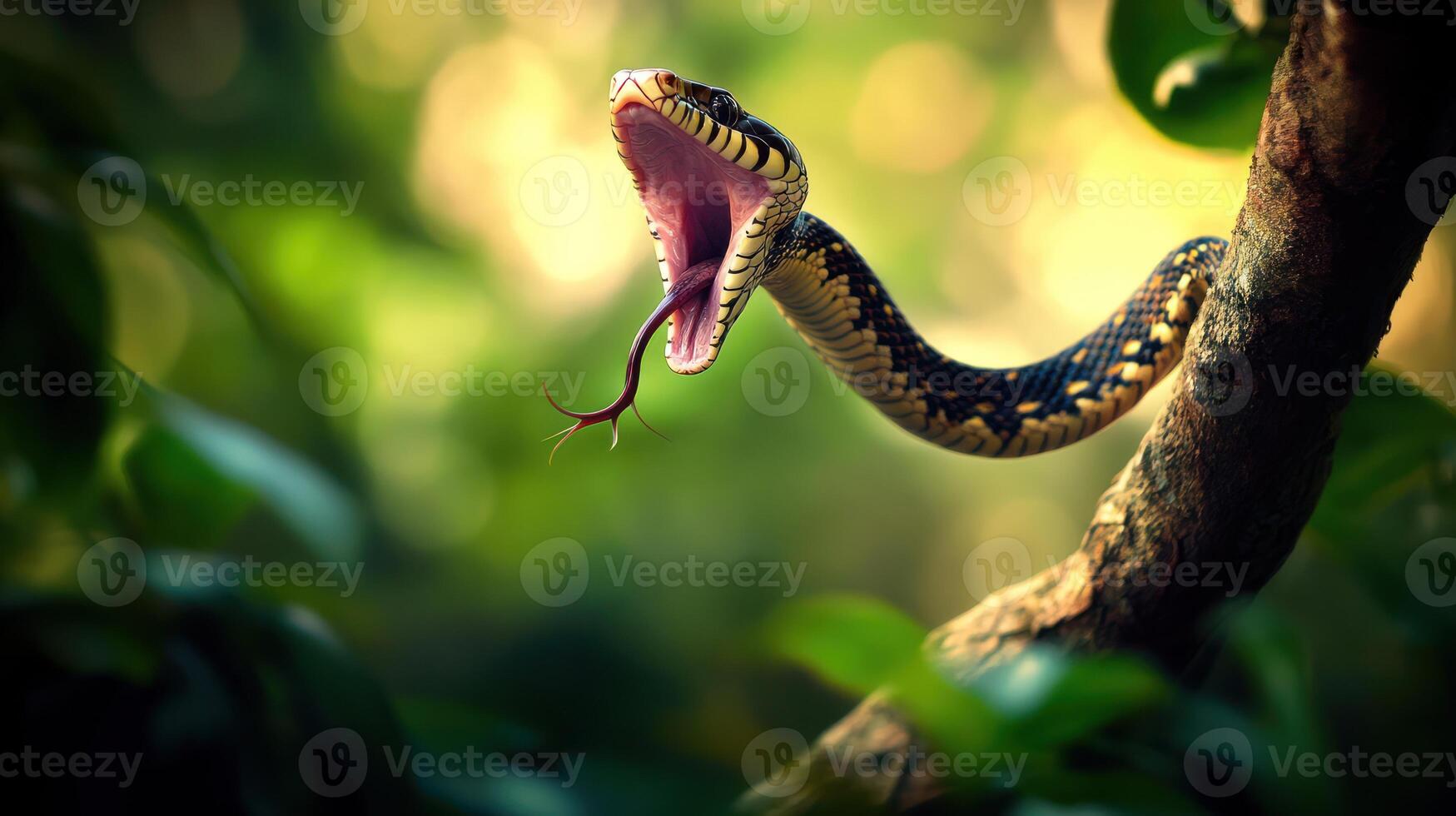 A snake with its mouth open on a tree branch photo