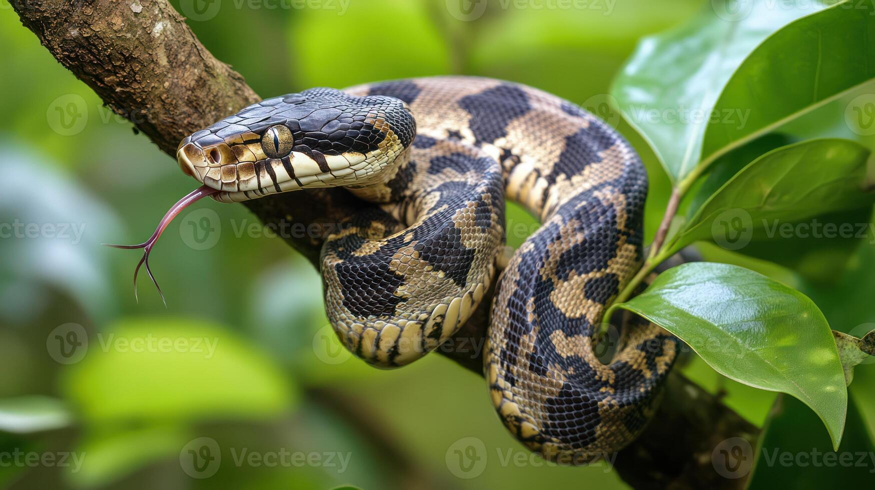 A snake is sitting on a branch with its mouth open photo
