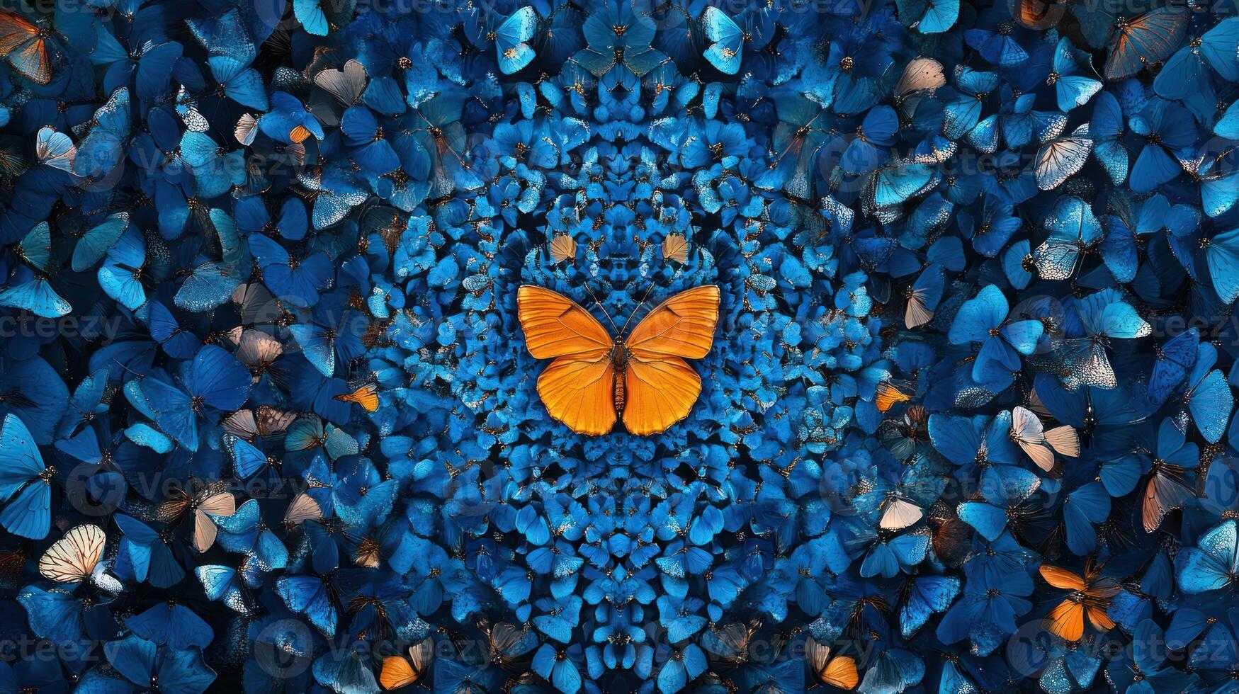 A large orange butterfly surrounded by blue butterflies photo