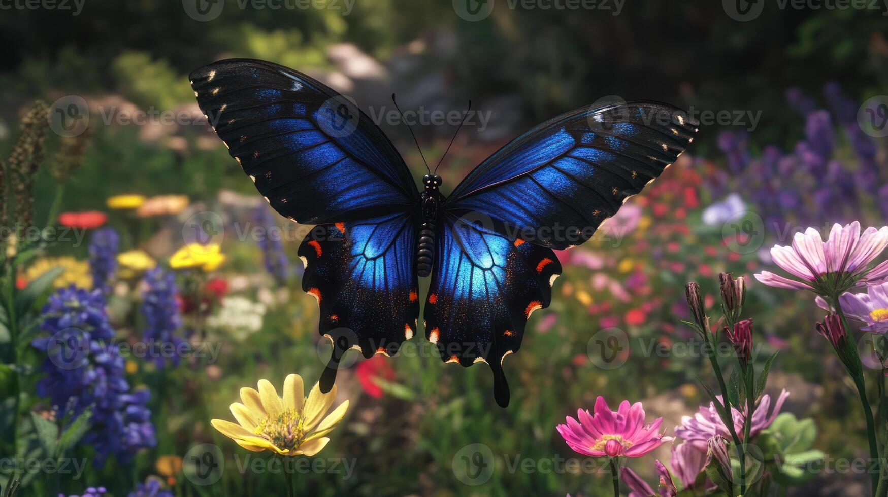 A blue butterfly is sitting on a field of flowers photo
