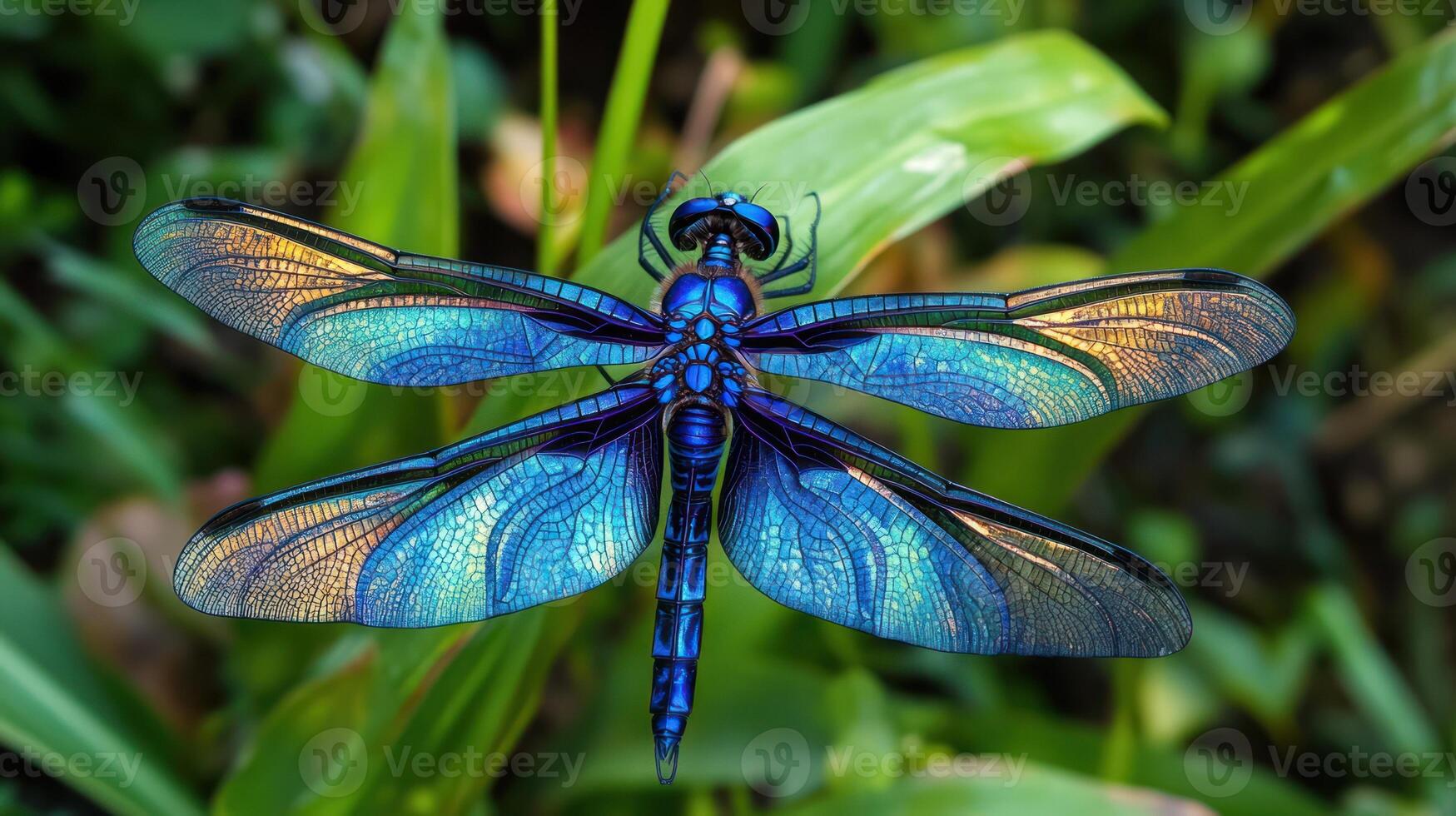 A blue dragonfly with a yellow and blue wings photo