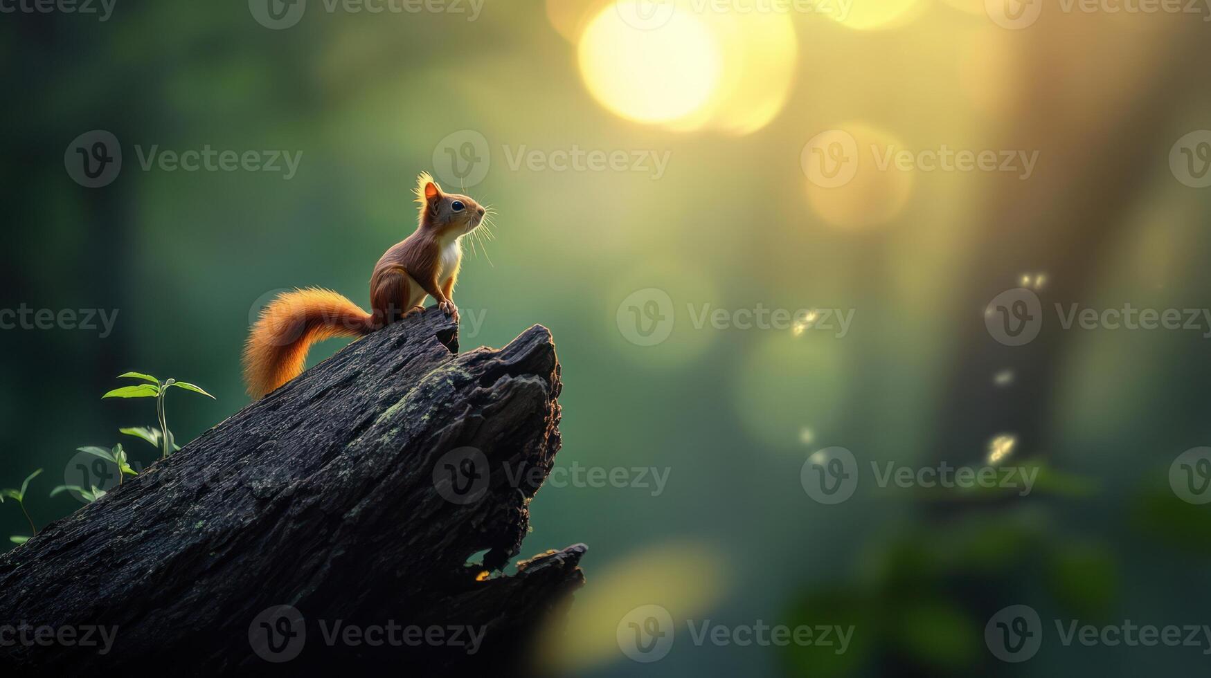A squirrel is sitting on a tree stump photo