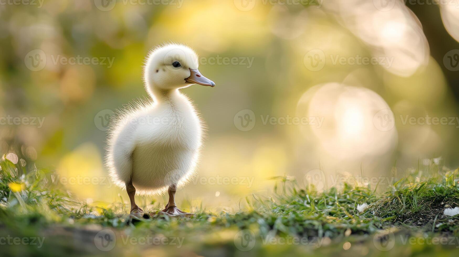 A baby duck standing on grass in the sunlight photo