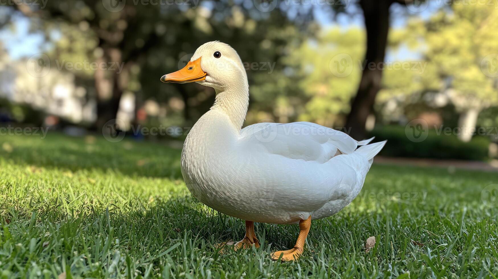 A white duck standing in the grass photo