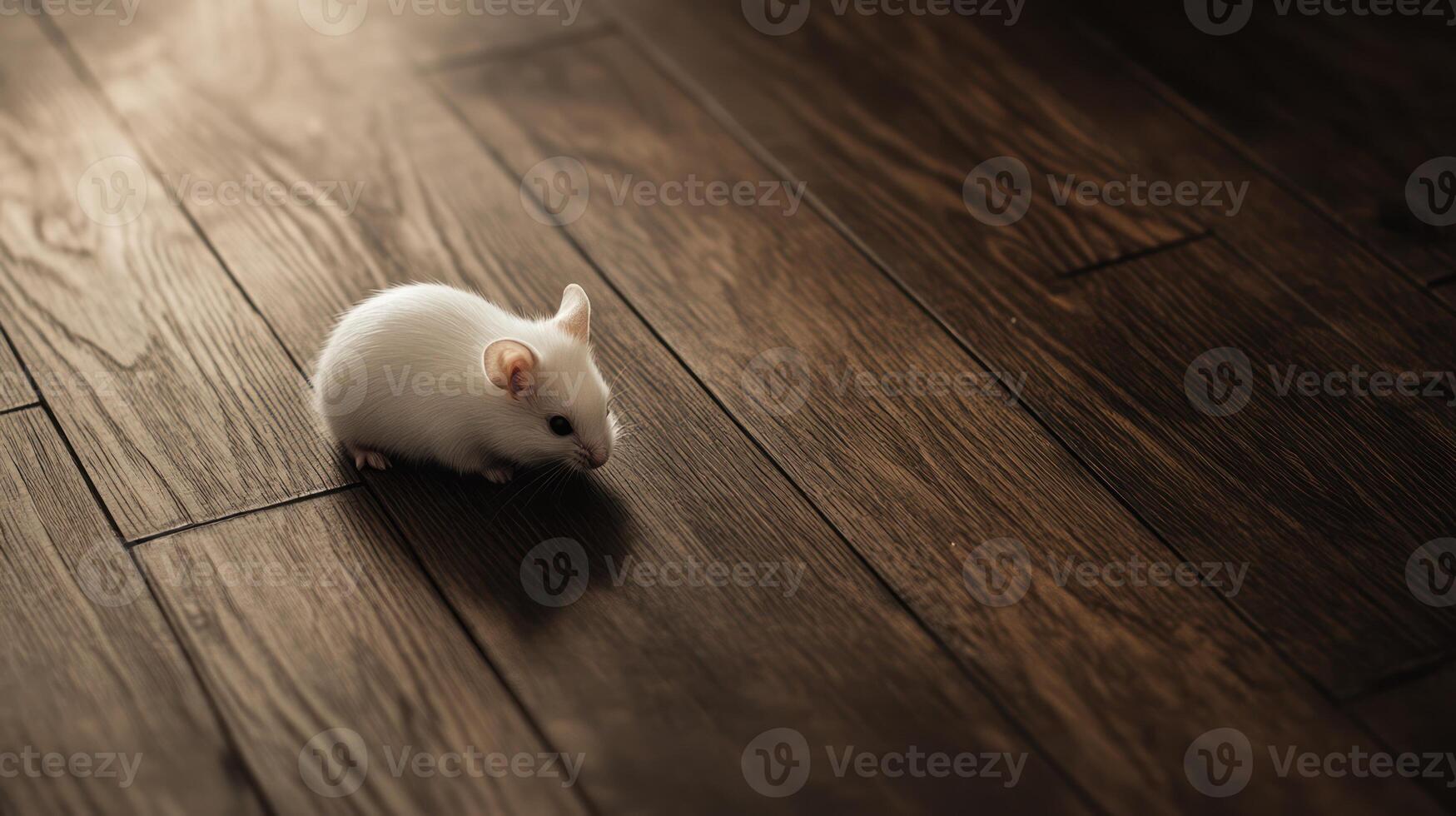 A small white mouse is sitting on a wooden floor photo