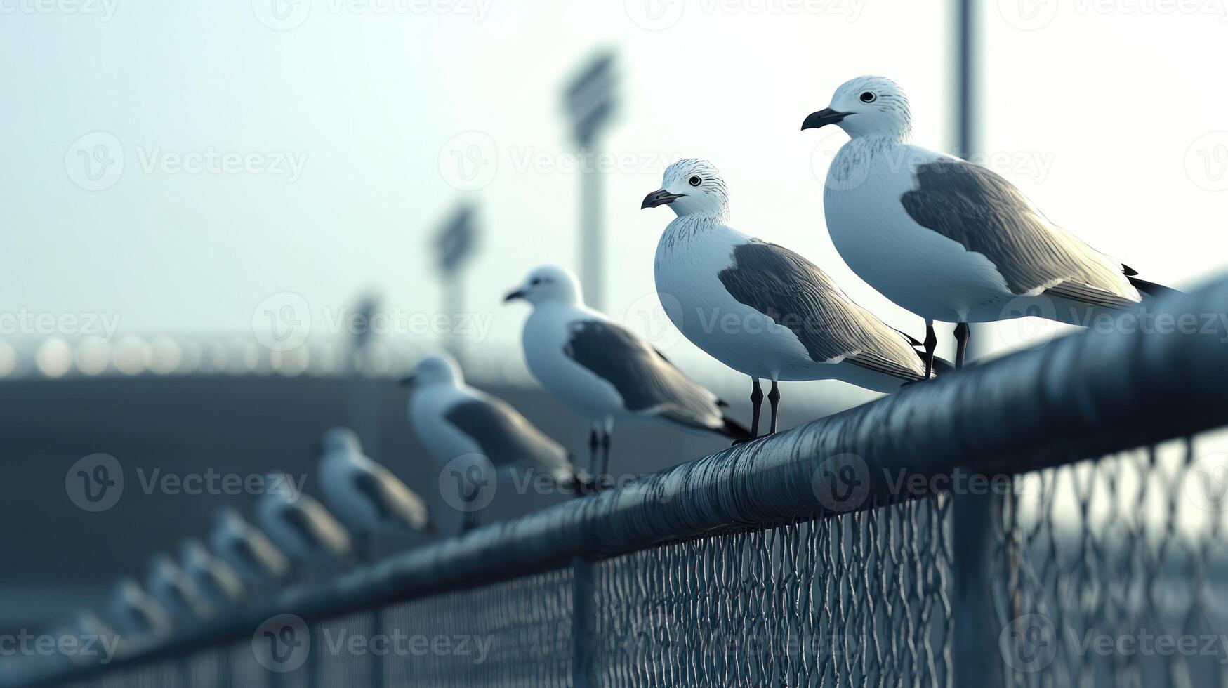 A group of seagulls sitting on a fence photo