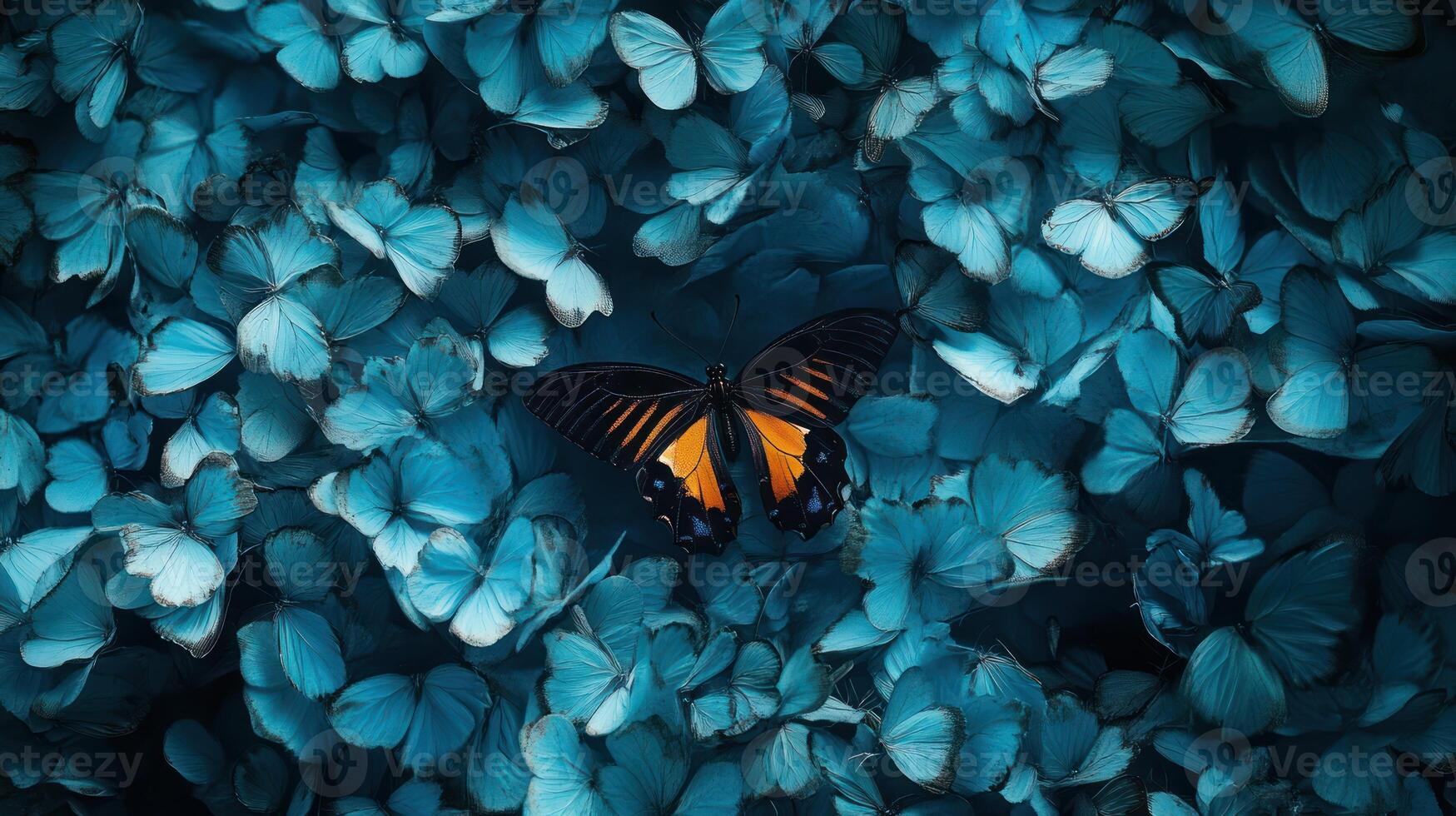 A butterfly is sitting on top of a bunch of blue butterflies photo
