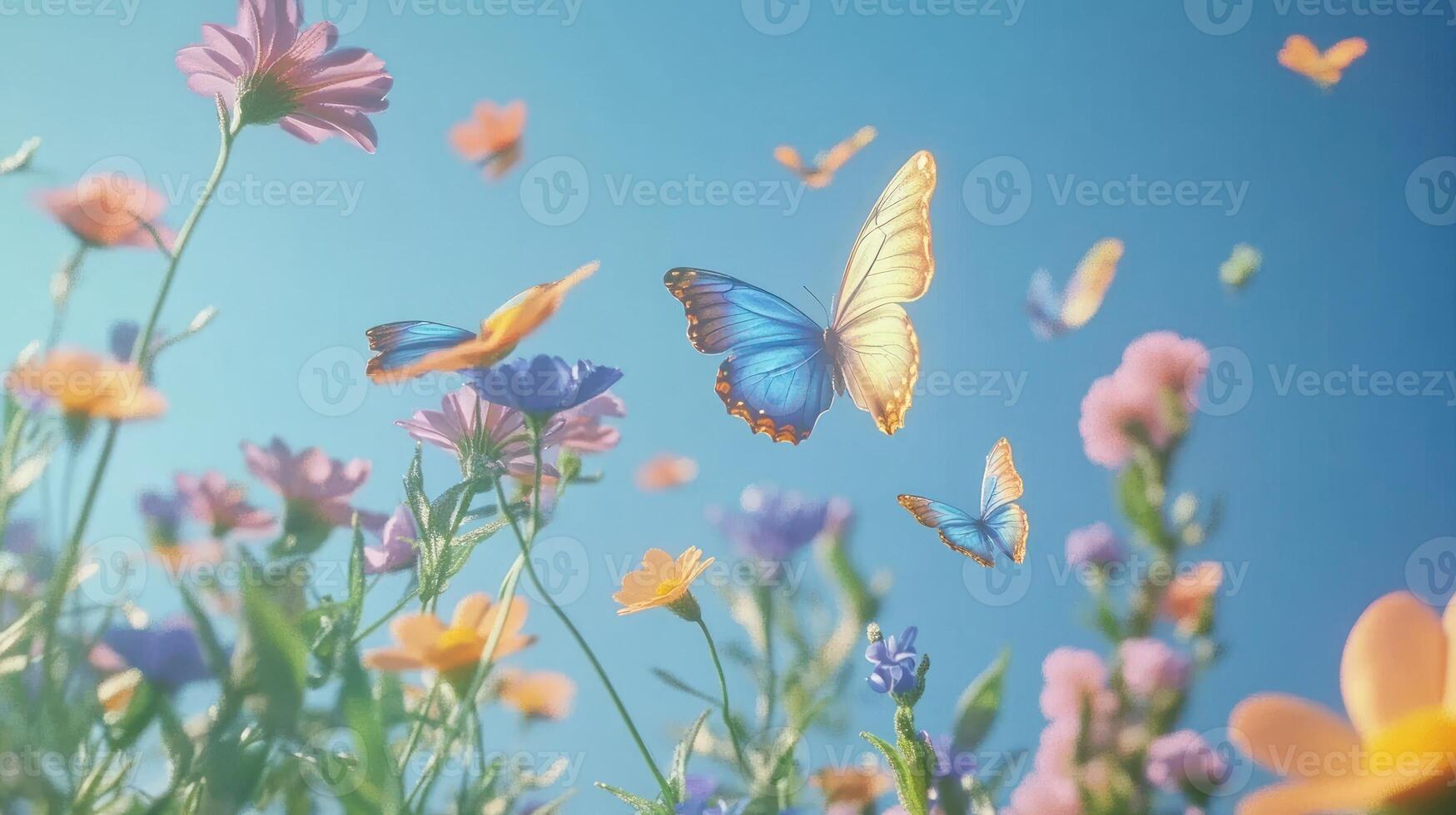 Butterflies flying over a field of flowers photo
