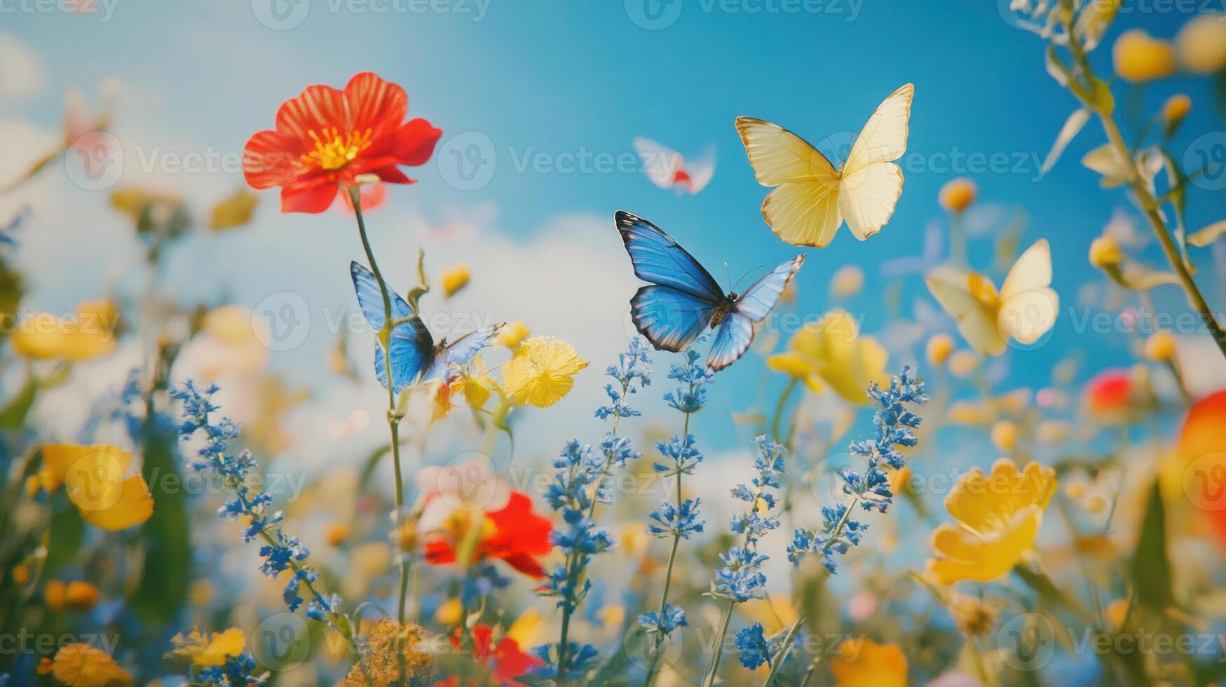 Butterflies flying over colorful flowers in a field photo