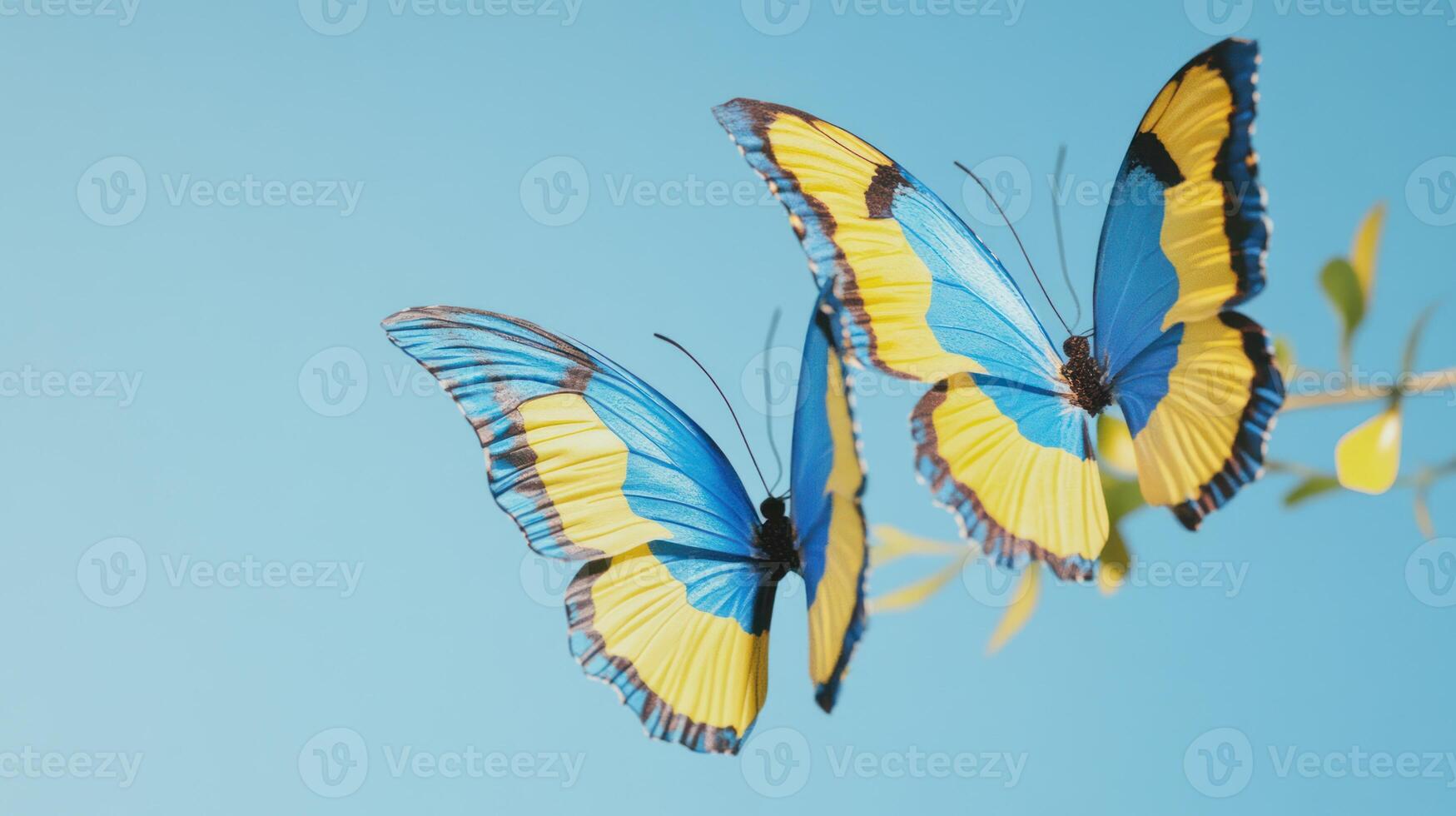 Two blue and yellow butterflies on a branch photo