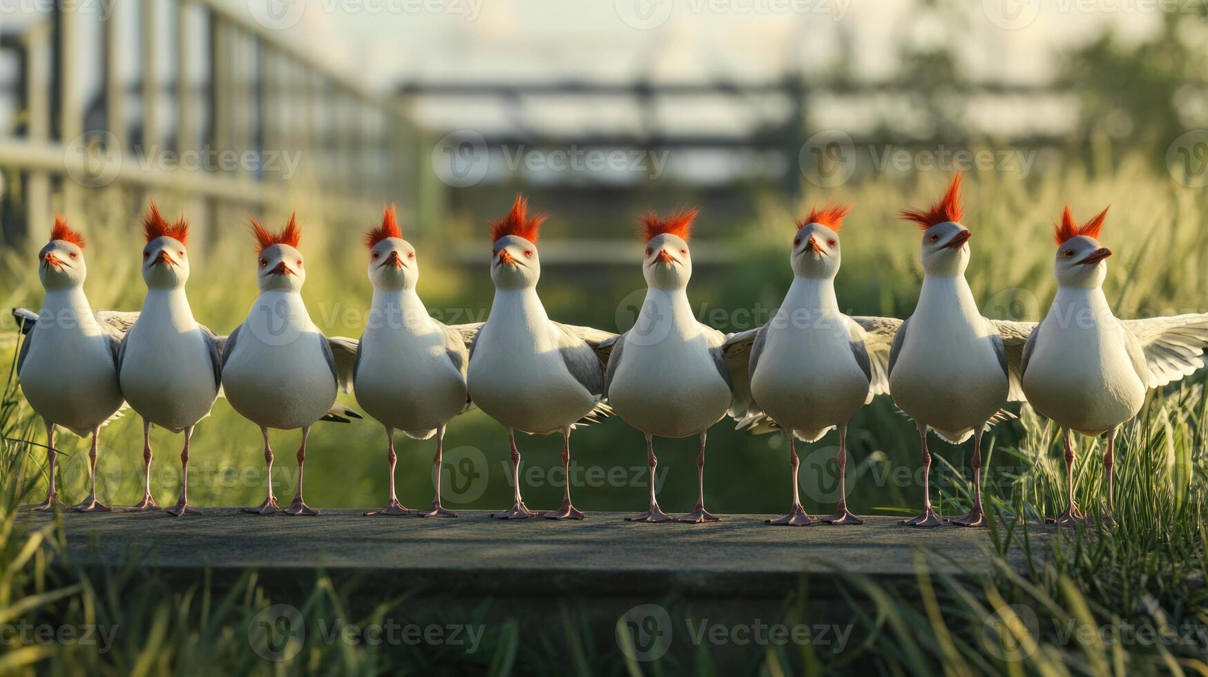 A group of white birds with red mohawks standing on a wooden platform photo