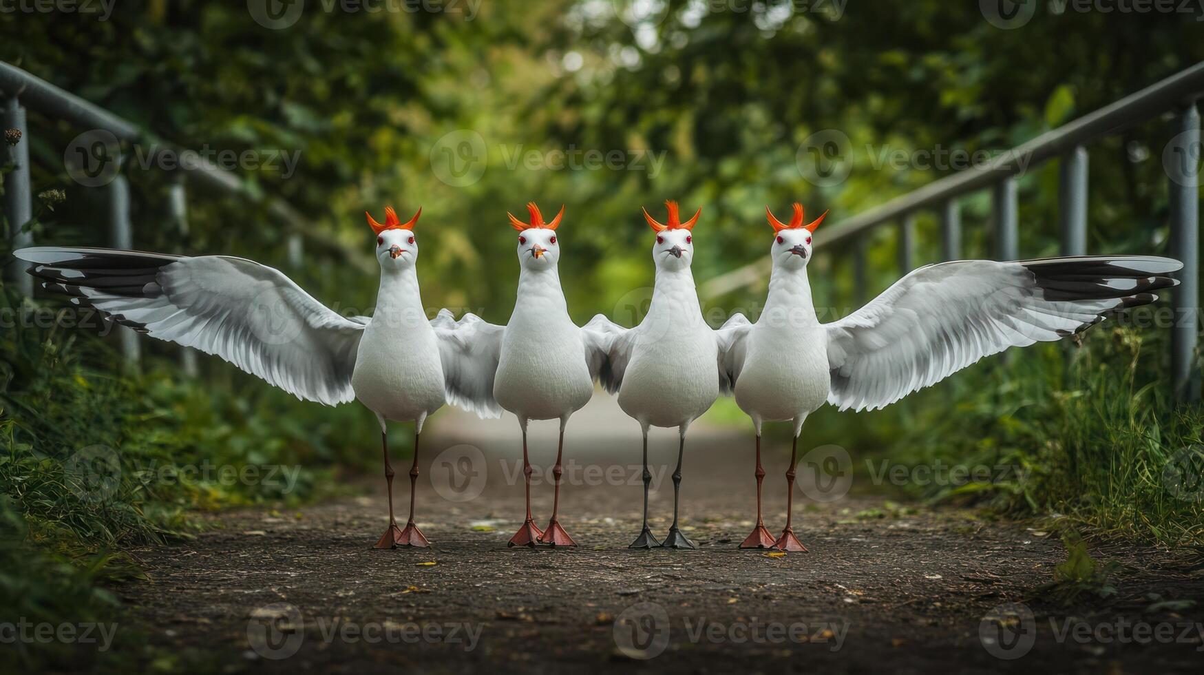 Three seagulls standing on a bridge with their wings spread out photo