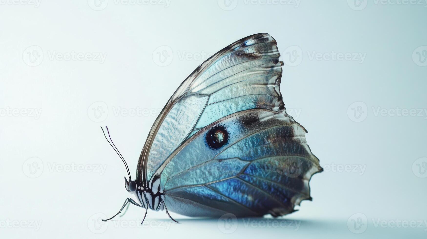 A blue butterfly with black wings on a light background photo