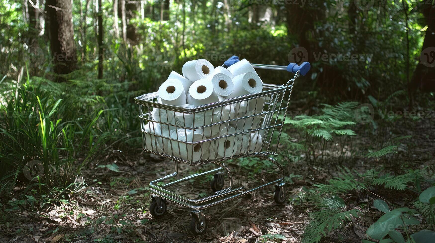 A shopping cart filled with toilet paper in the woods photo