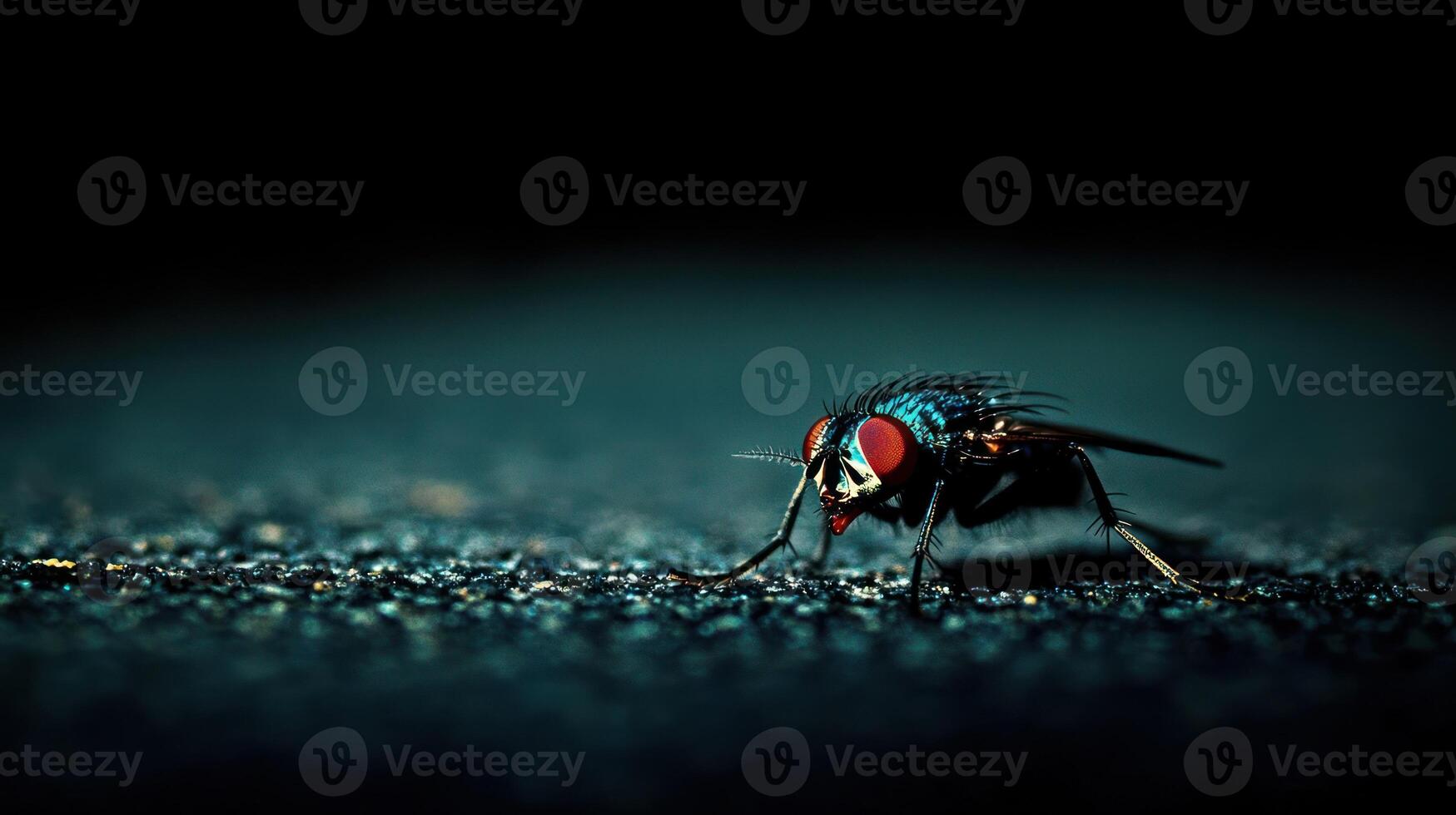 A fly with red eyes sitting on the ground photo