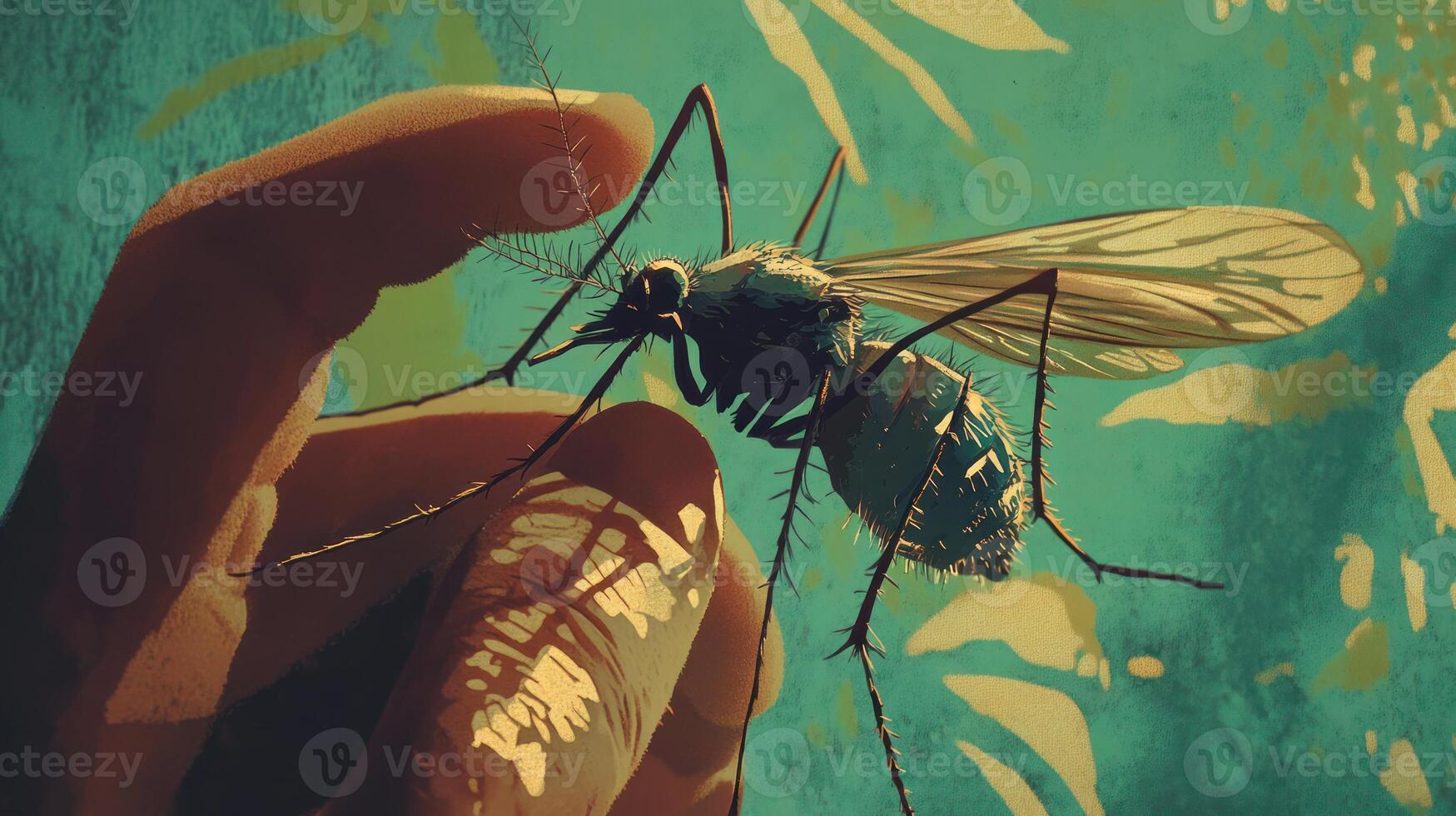 A mosquito is sitting on a hand with a leaf in the background photo