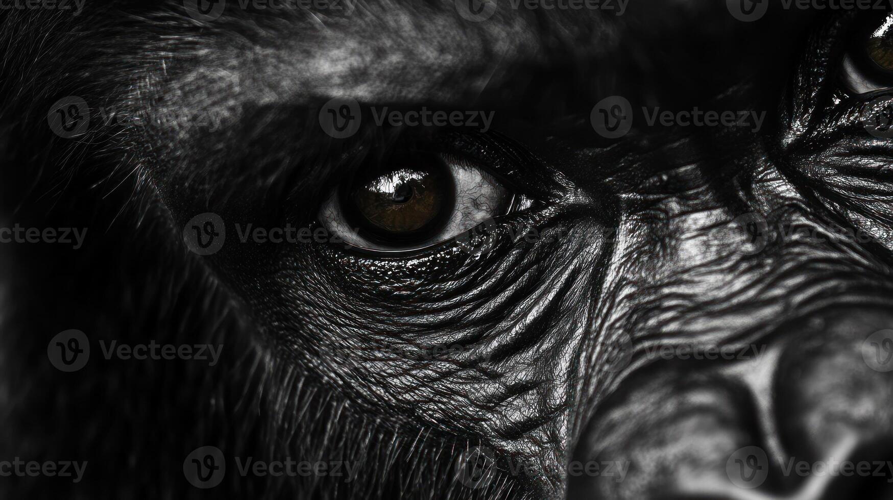 A close up of a gorilla's face with a black background photo