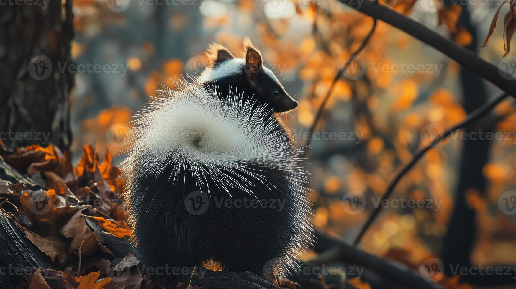 A skunk is standing in the woods with leaves photo