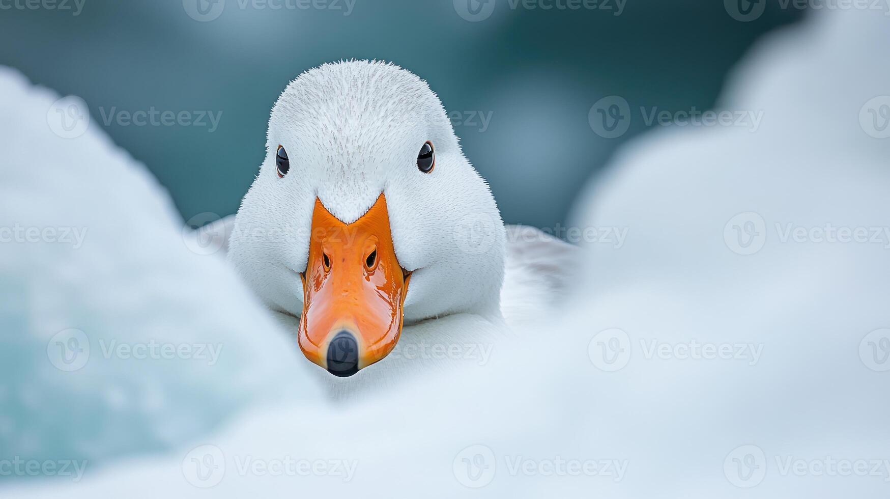A white duck with orange beak peeking out from behind some ice photo