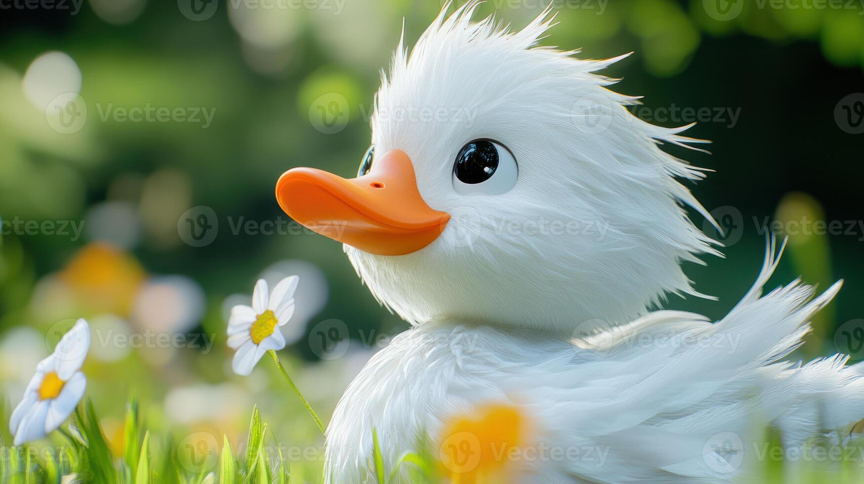 A white duck sitting in the grass with flowers photo