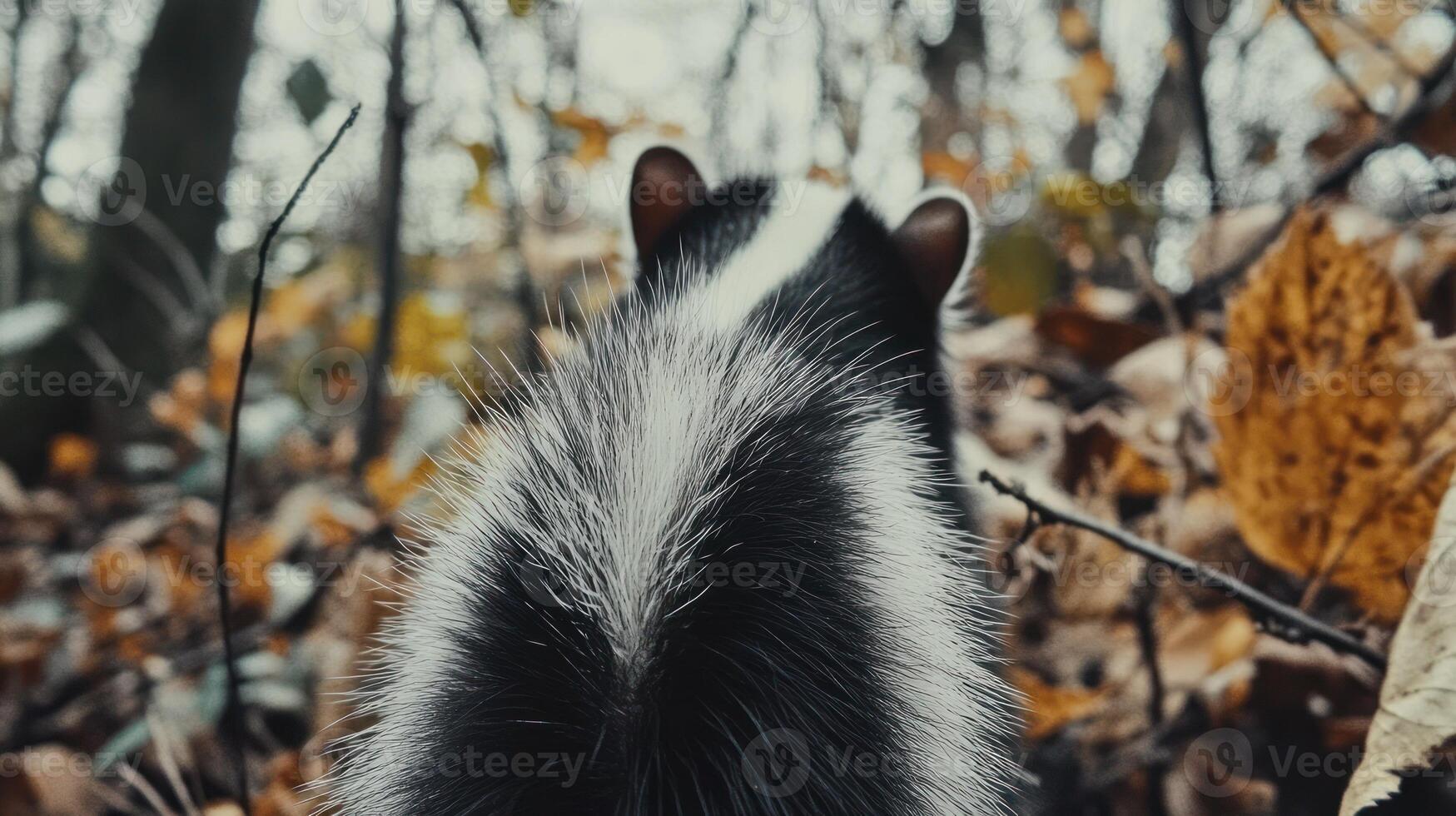 A black and white striped skunk in the woods photo