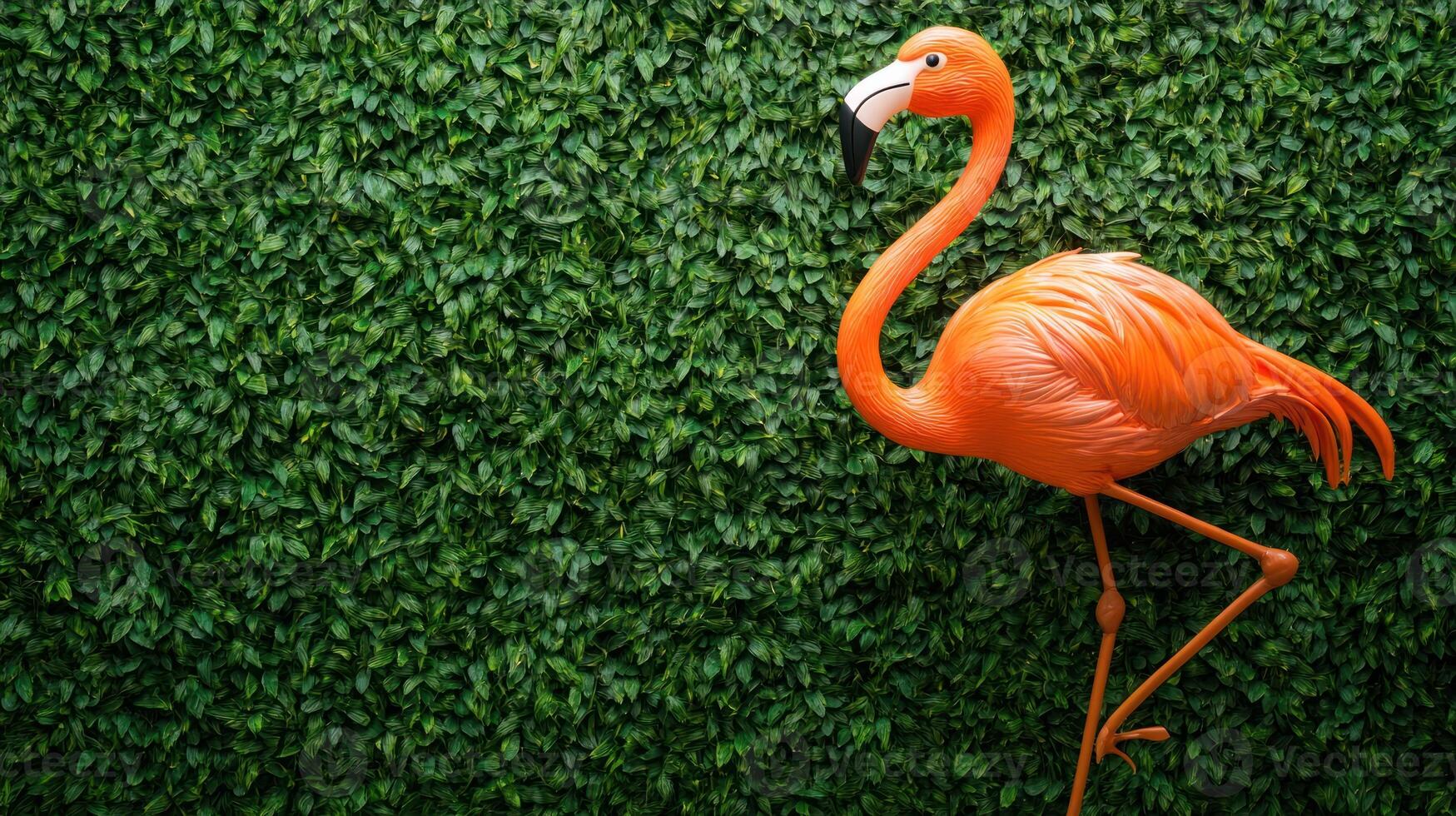 A flamingo stands in front of a green wall photo
