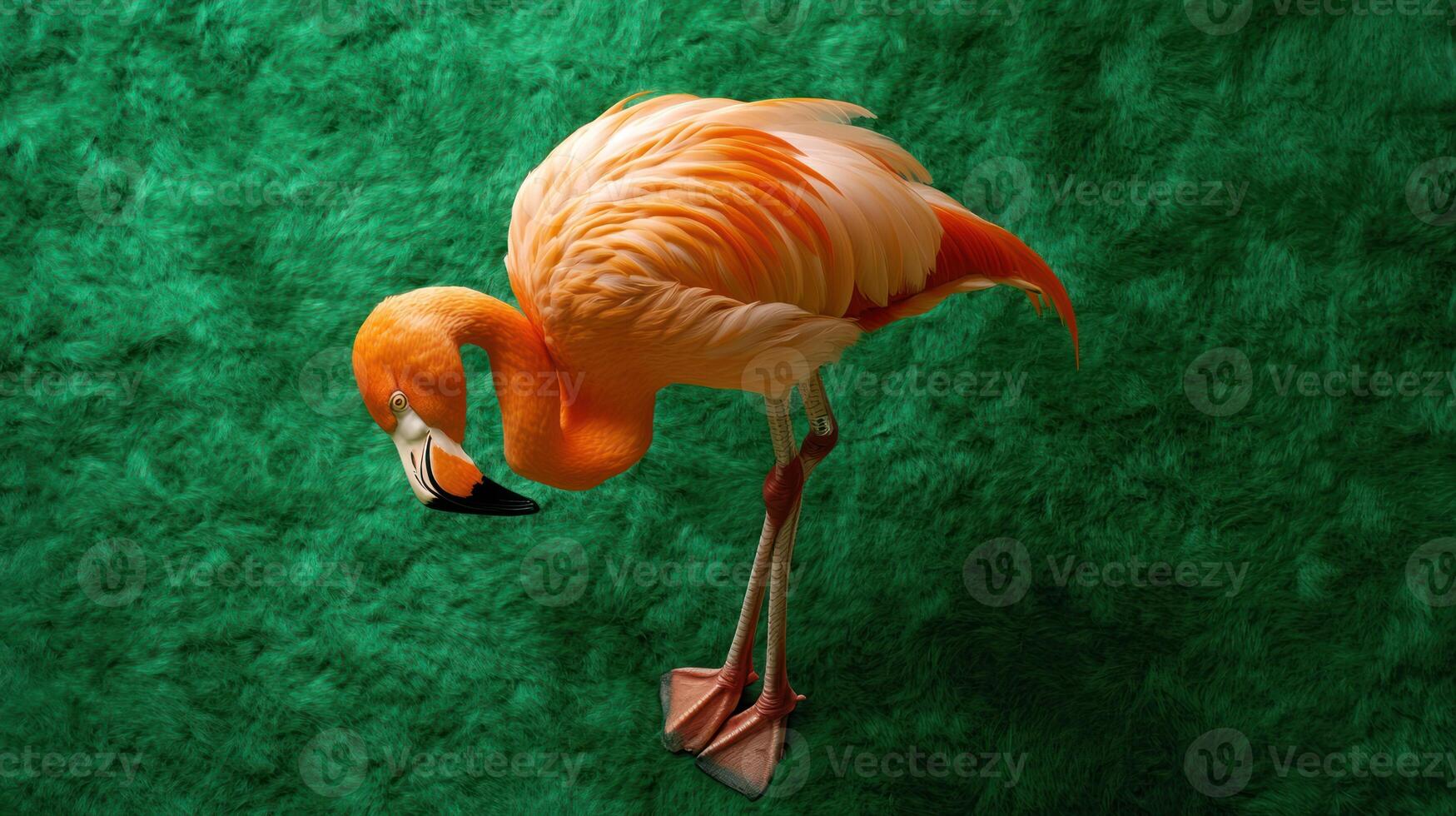 A flamingo standing on a green background photo