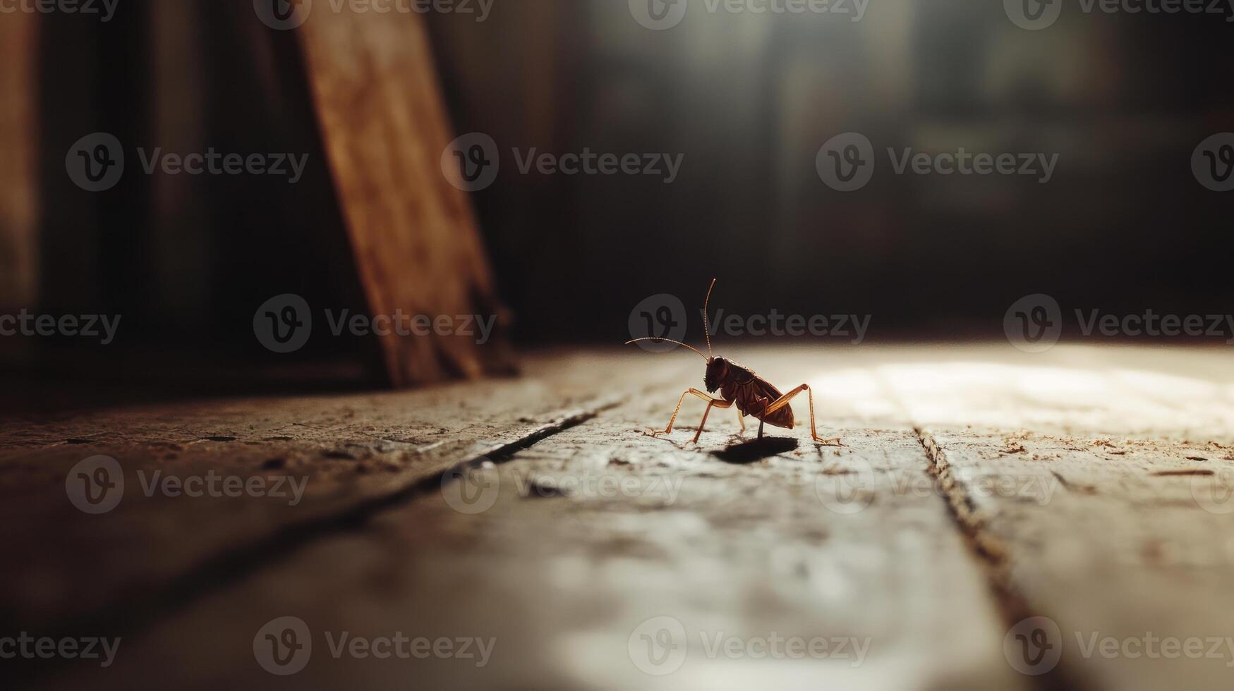 A cockroach on a wooden floor in a dark room photo