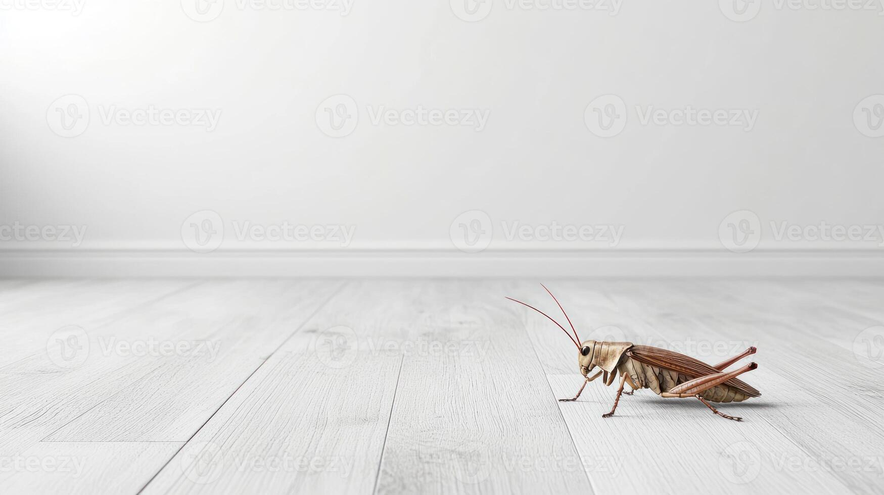 A grasshopper on a white floor in an empty room photo