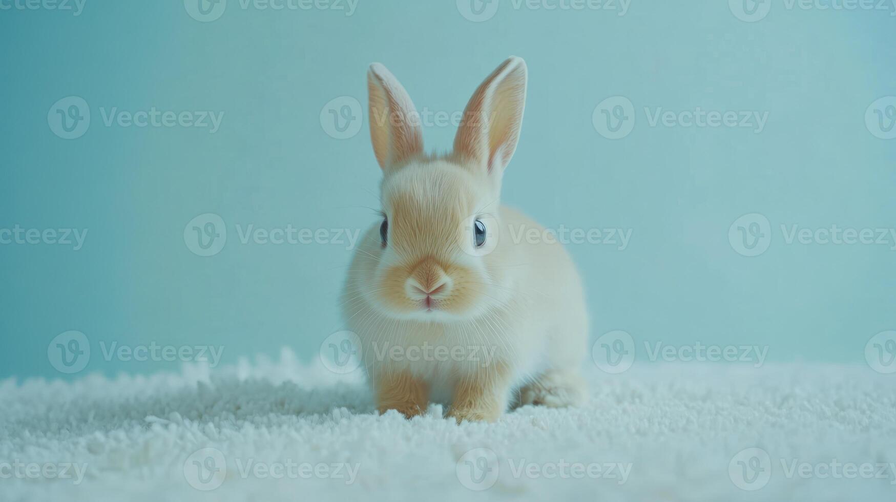 A small rabbit sitting on a white rug photo