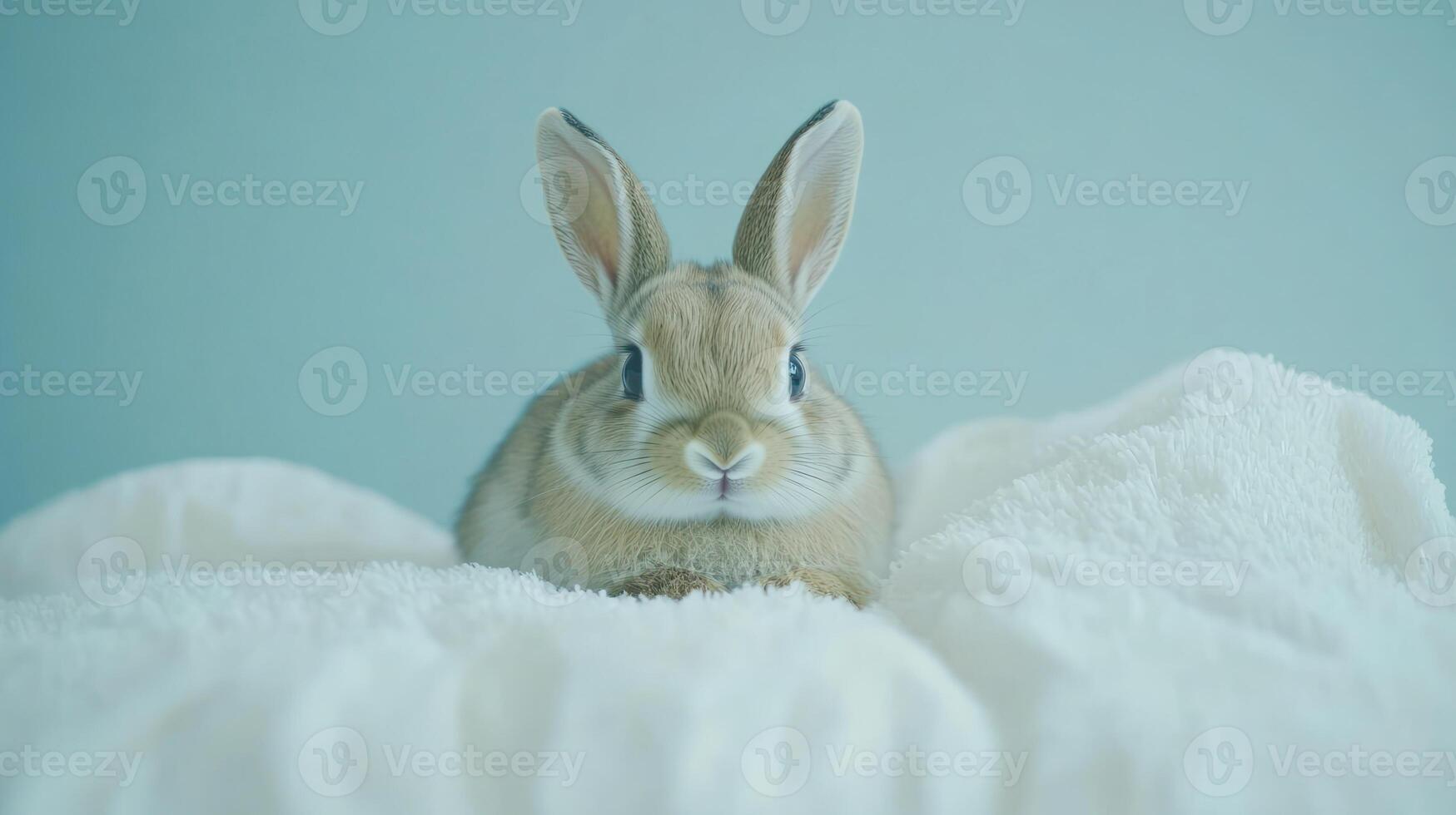 A small rabbit sitting on top of a white blanket photo