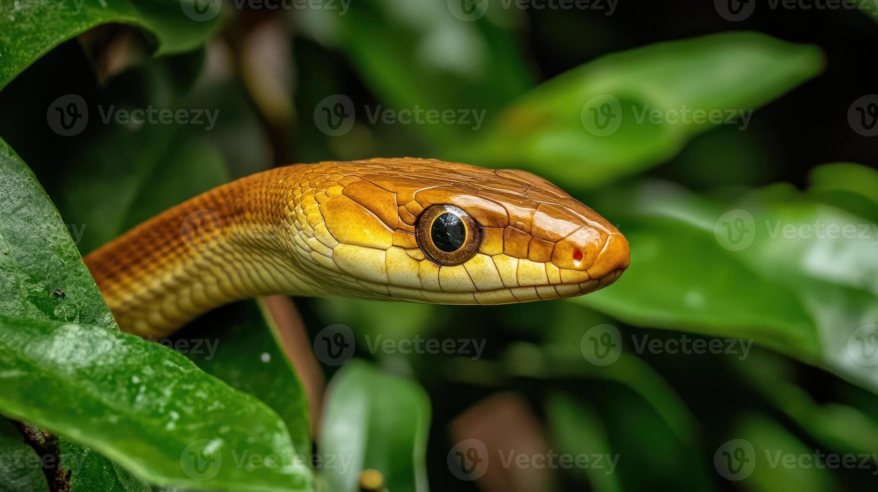 A close up of a snake with its head sticking out of the leaves photo