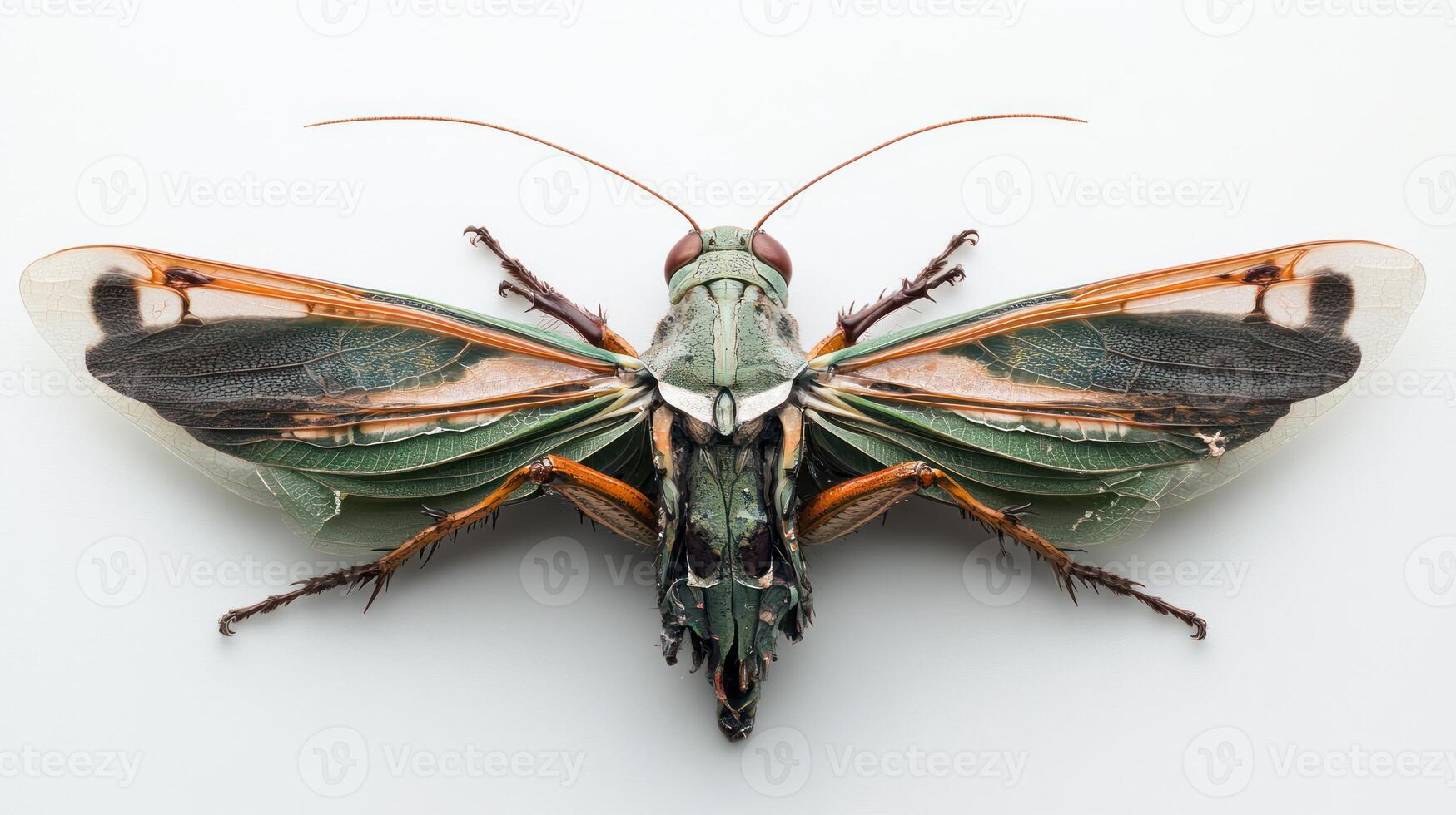 A green and orange insect with a long tail photo