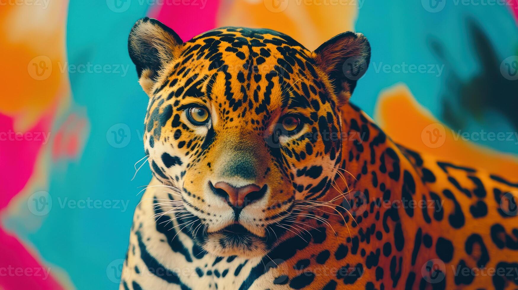 A jaguar is in front of a colorful background photo