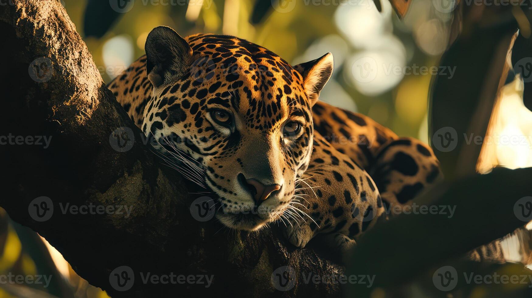 A jaguar is resting on a tree branch photo