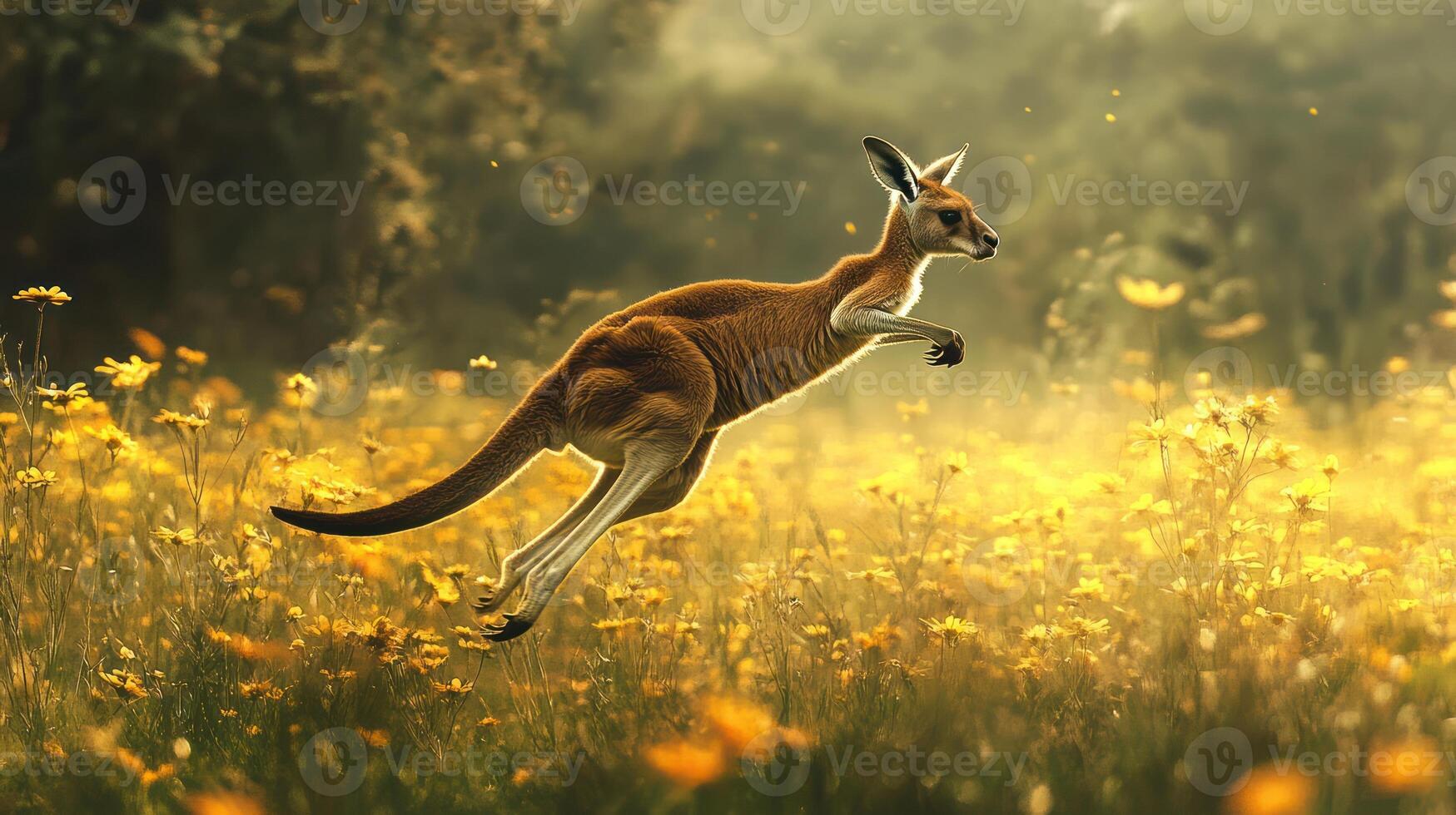 A kangaroo jumping through a field of flowers photo