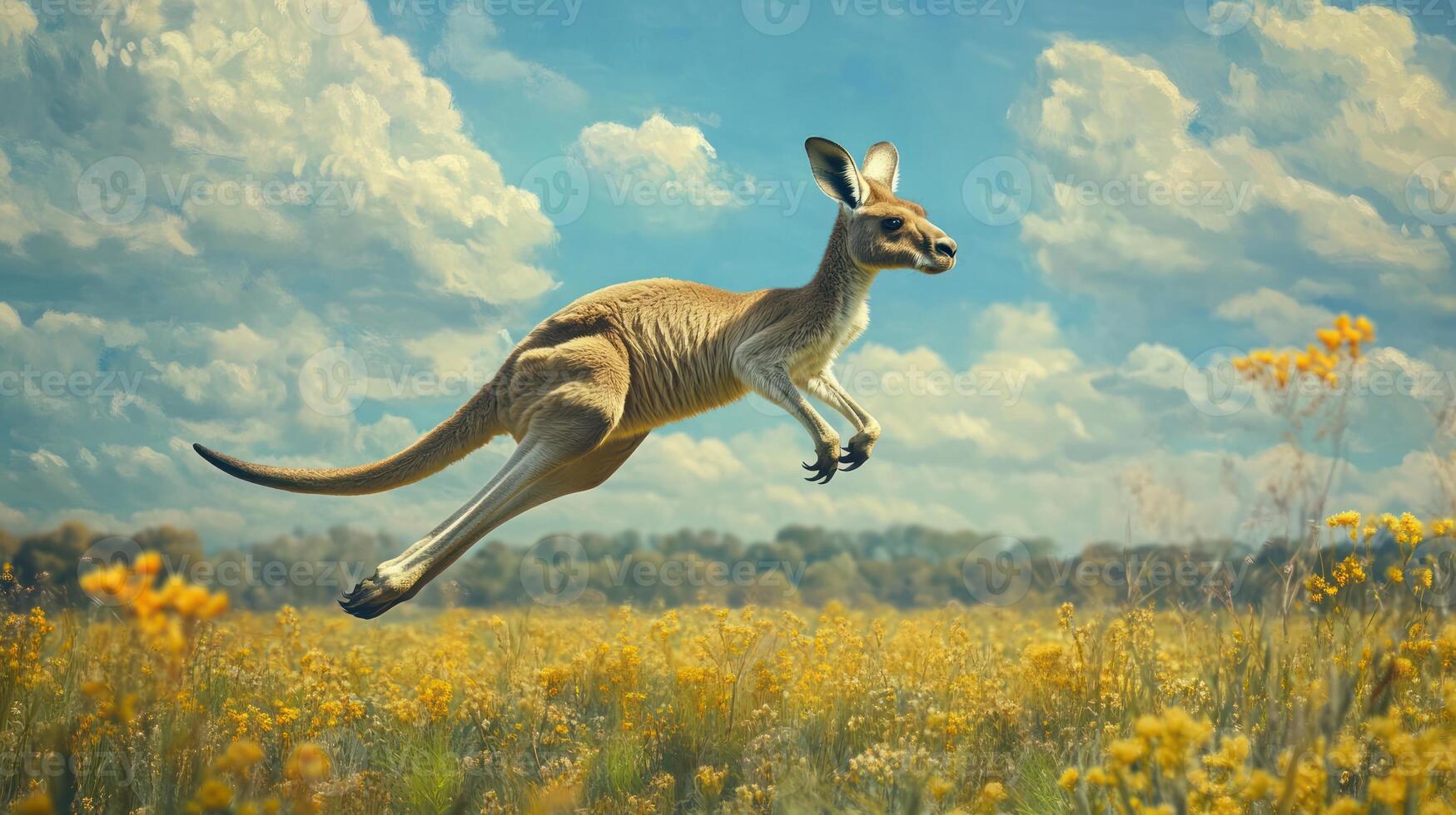 A kangaroo jumping in the air in a field photo