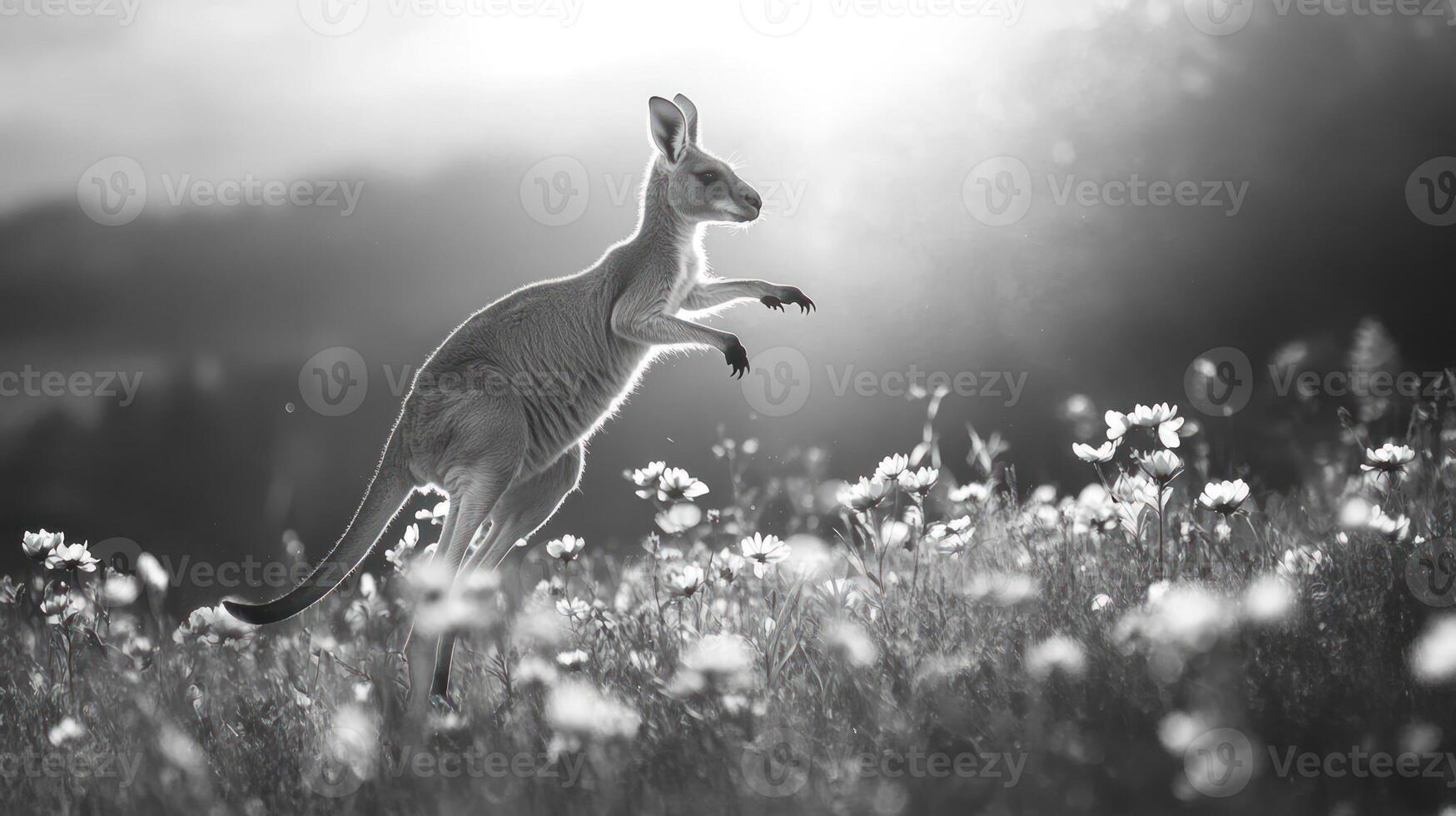 A black and white photo of a kangaroo jumping in the grass