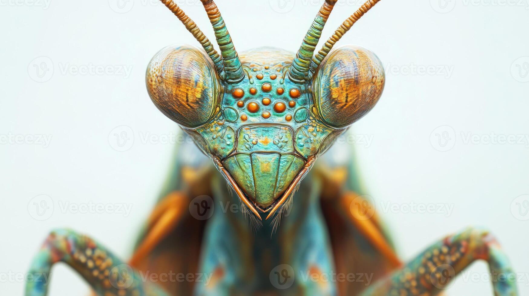 A close up of a colorful praying mantisce photo