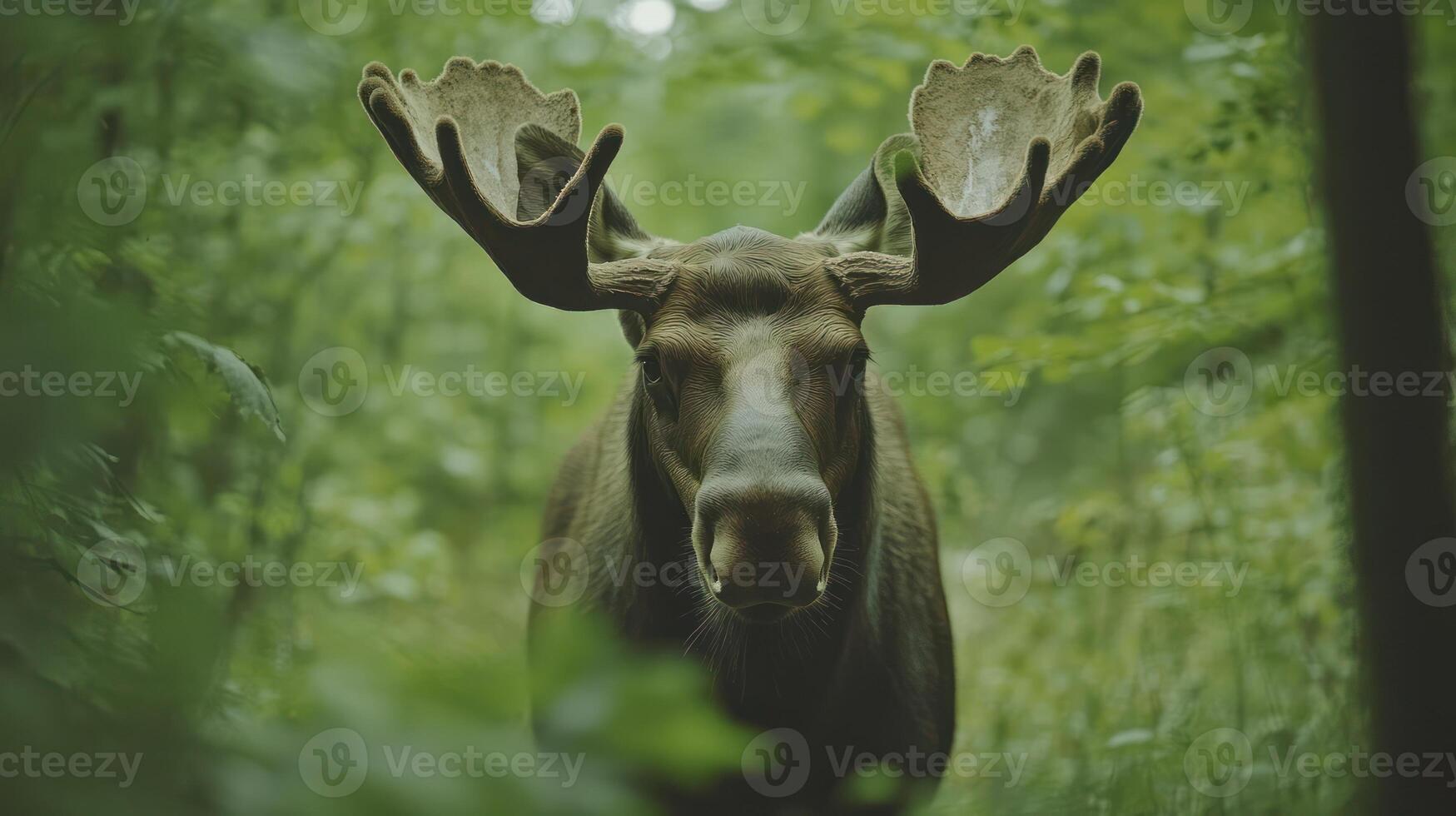 A moose with large horns in the woods photo