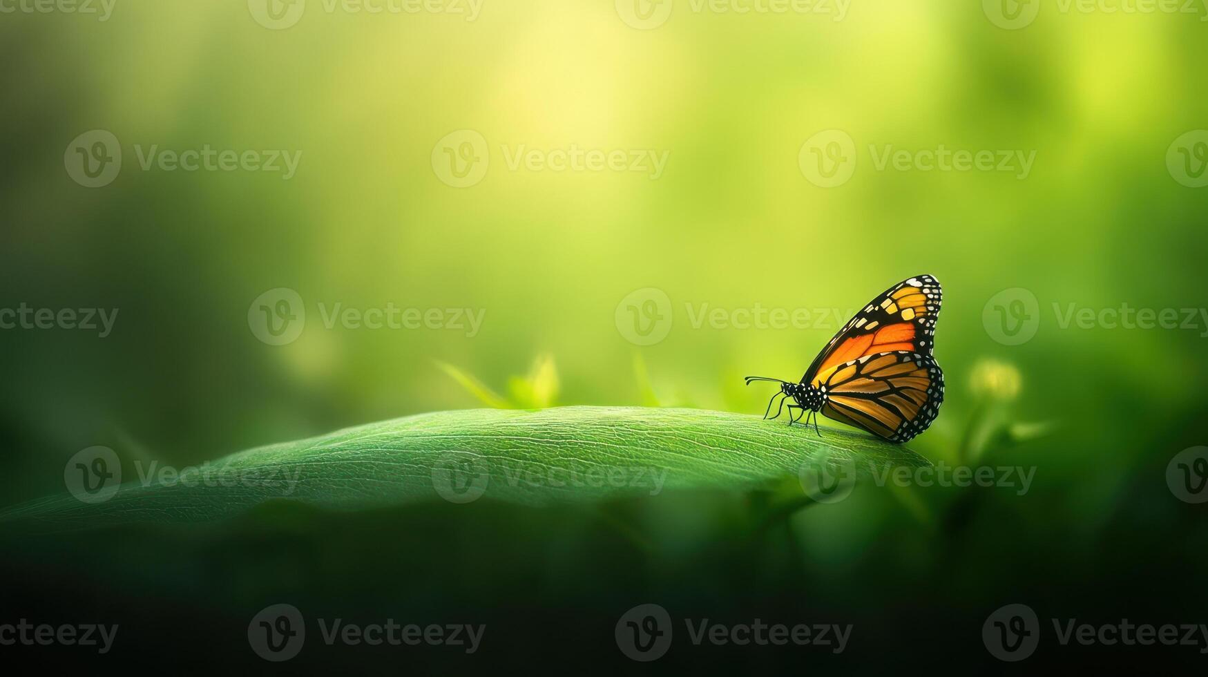 A monarch butterfly on a green leaf photo