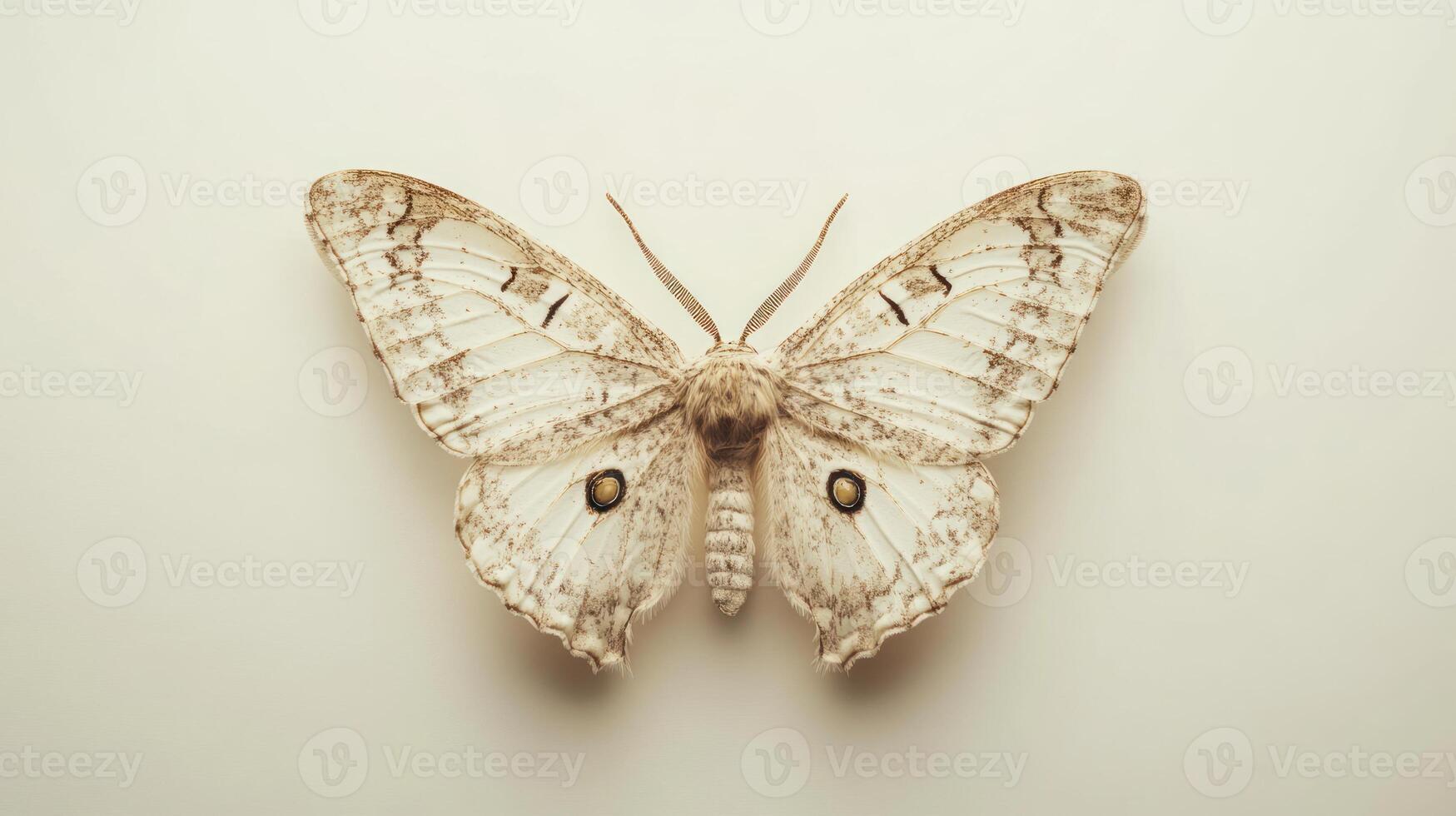 A white moth with large eyes on a white background photo