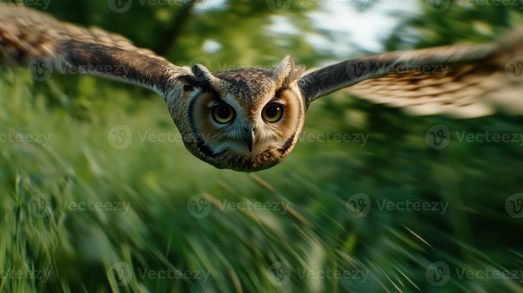 An owl flying through the air with its eyes open photo
