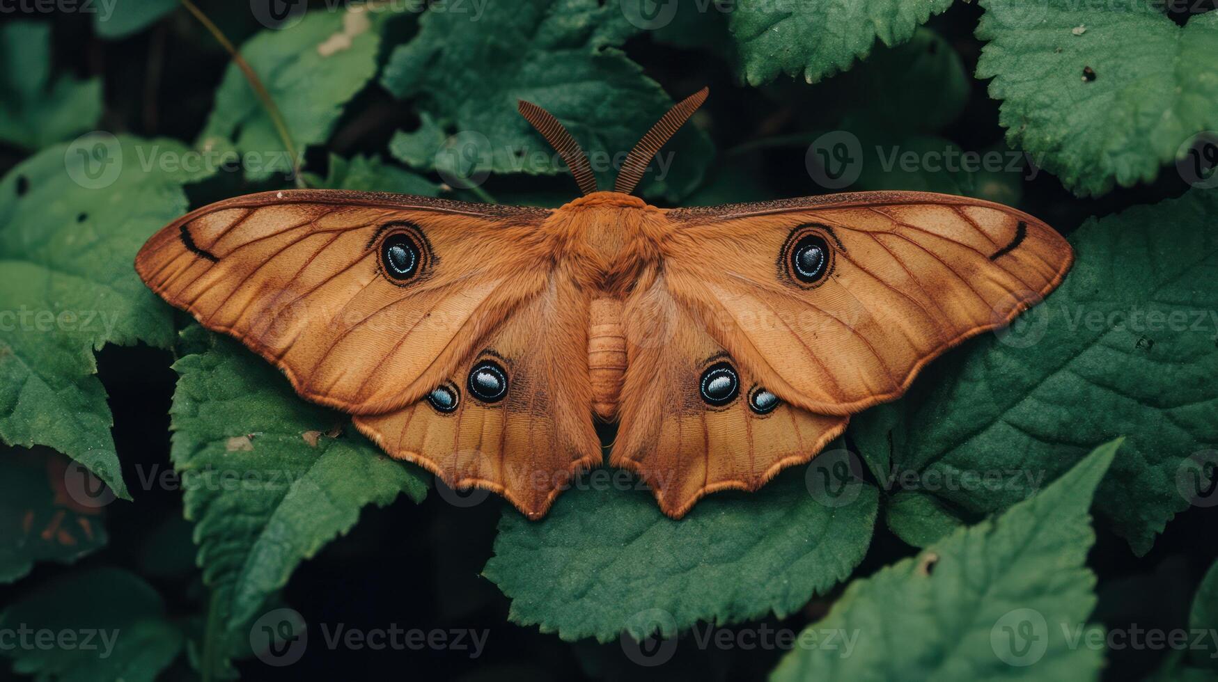A moth with large eyes sitting on top of some green leaves photo