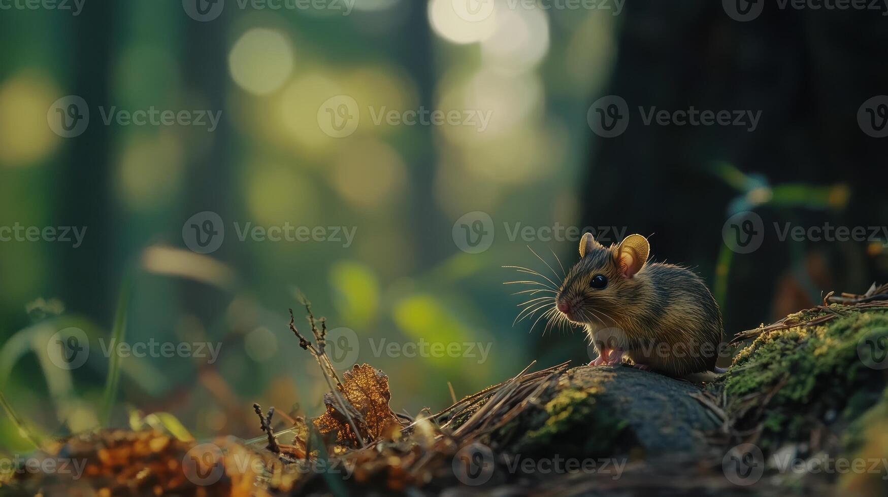 A small mouse is sitting on a log in the woods photo
