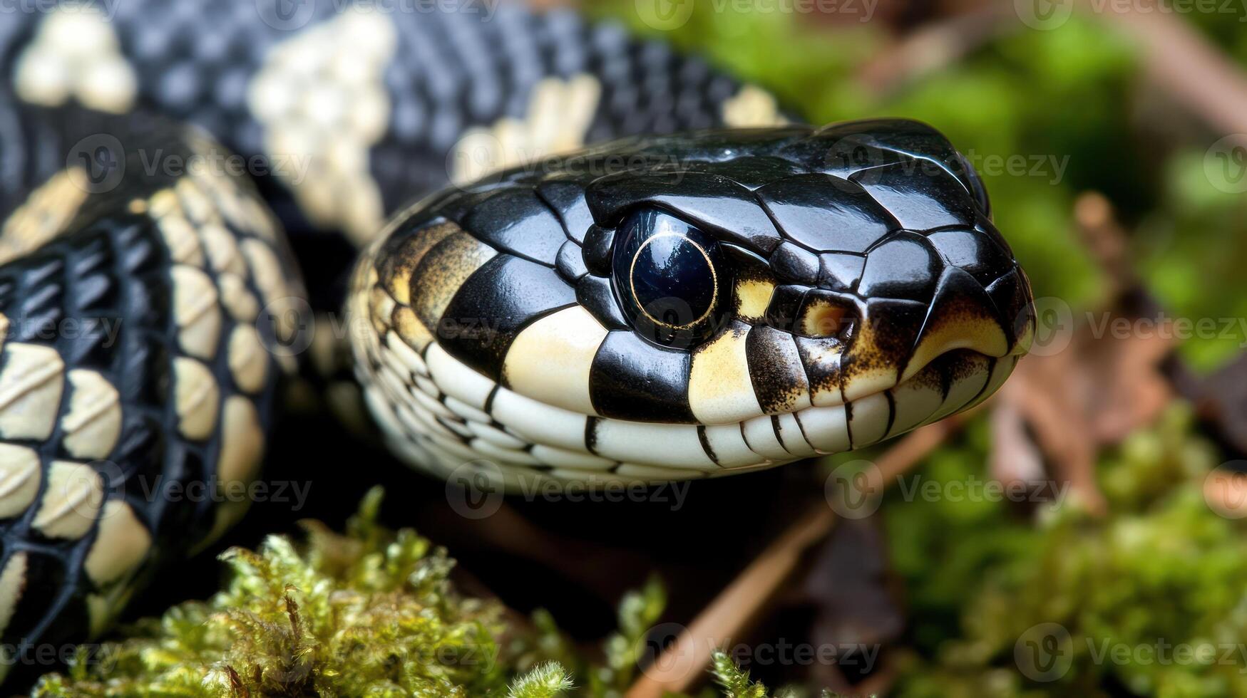A close up of a snake with black and white stripes photo