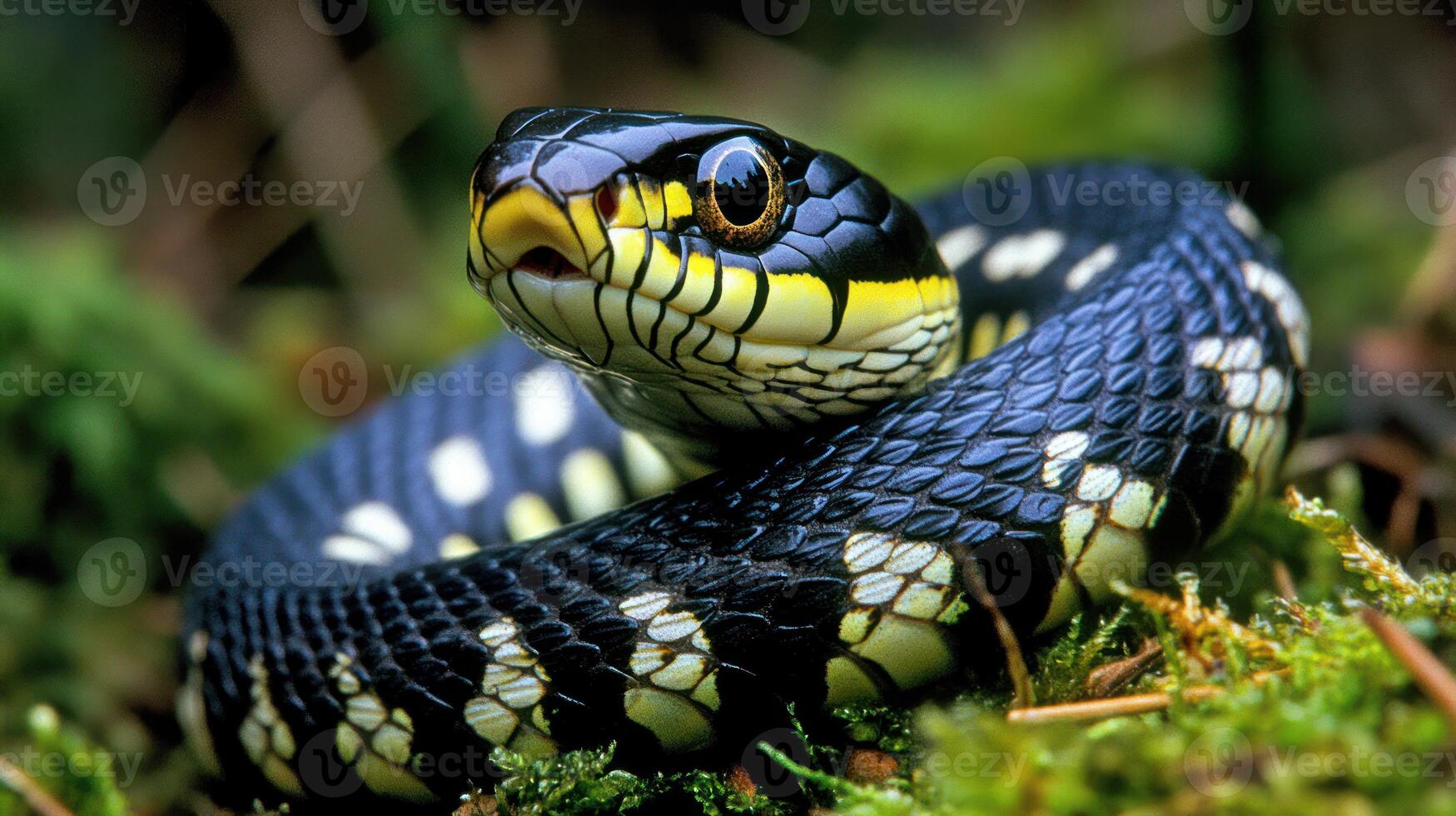 A black and yellow snake with a yellow stripe on its head photo